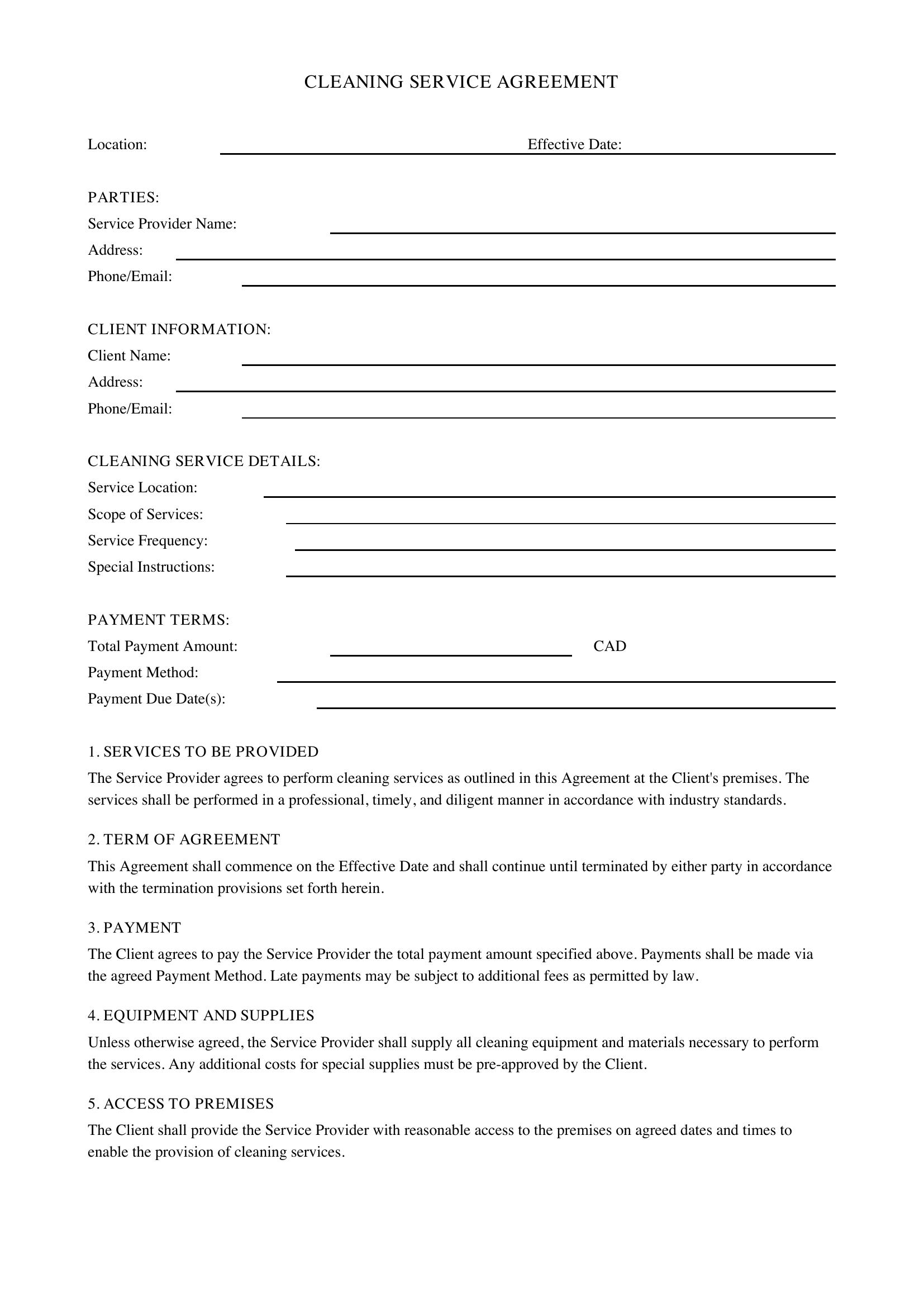 Printable Cleaning Contract Template - Canada