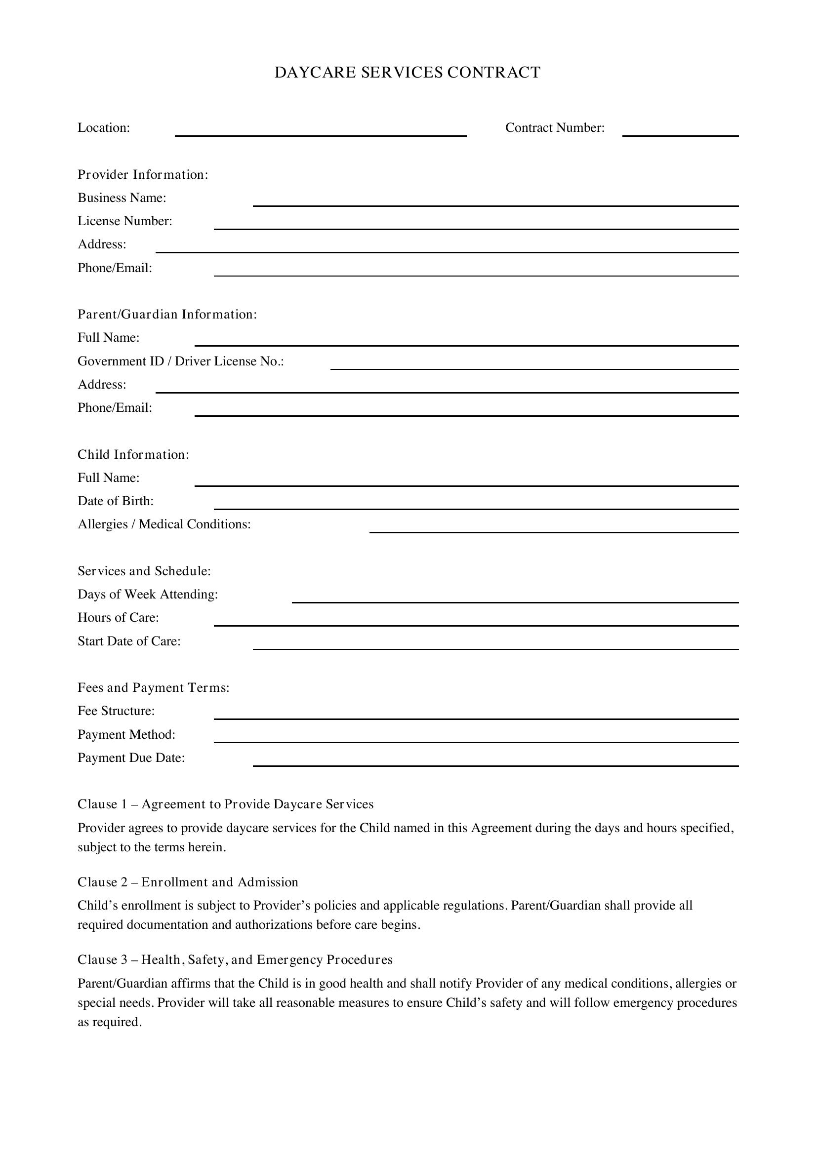 Printable Daycare Contract Template - Canada