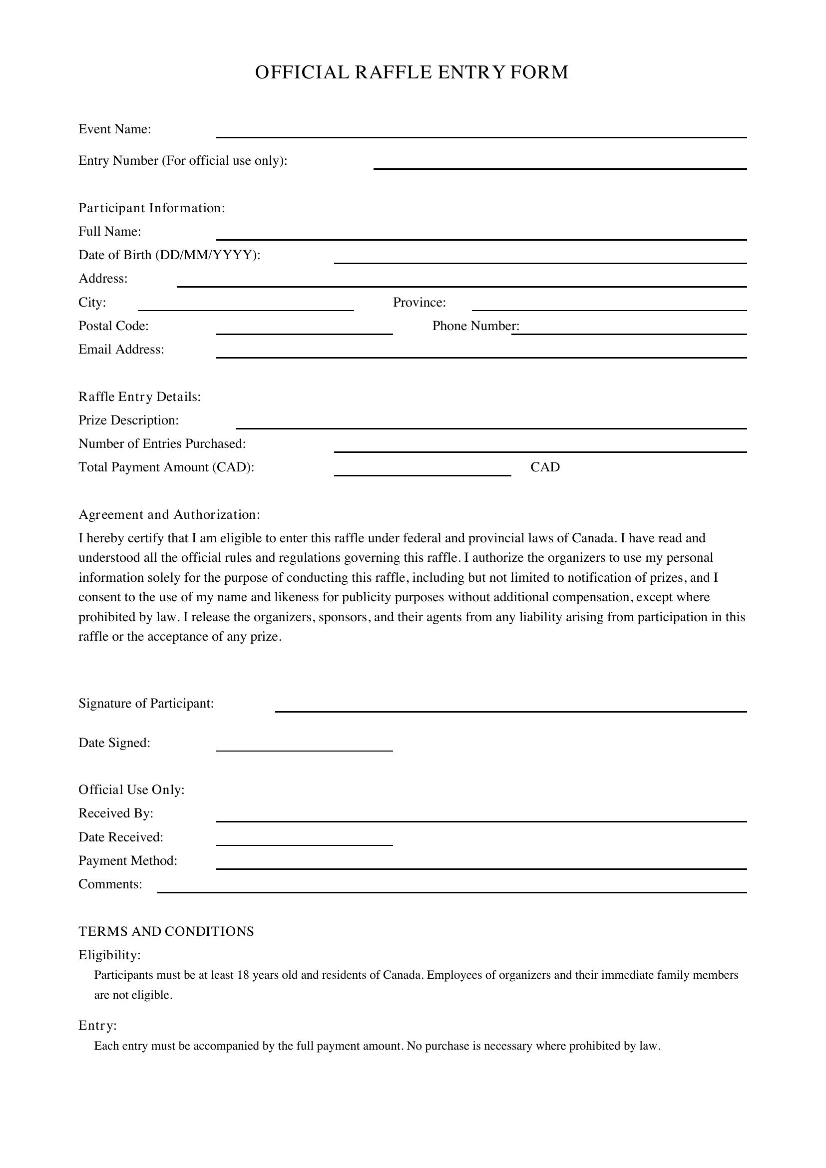 Printable Raffle Entry Form Template - Canada