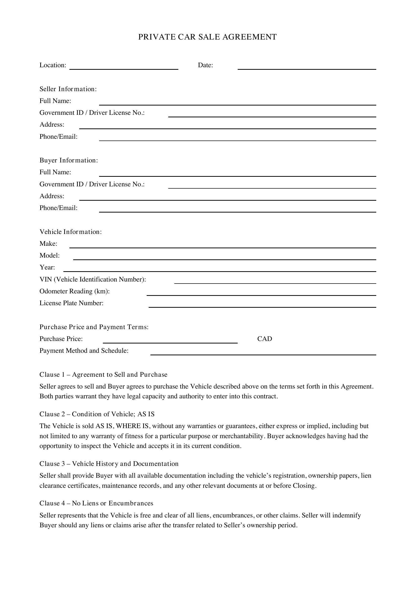 Private Car Sale Contract Template - Canada