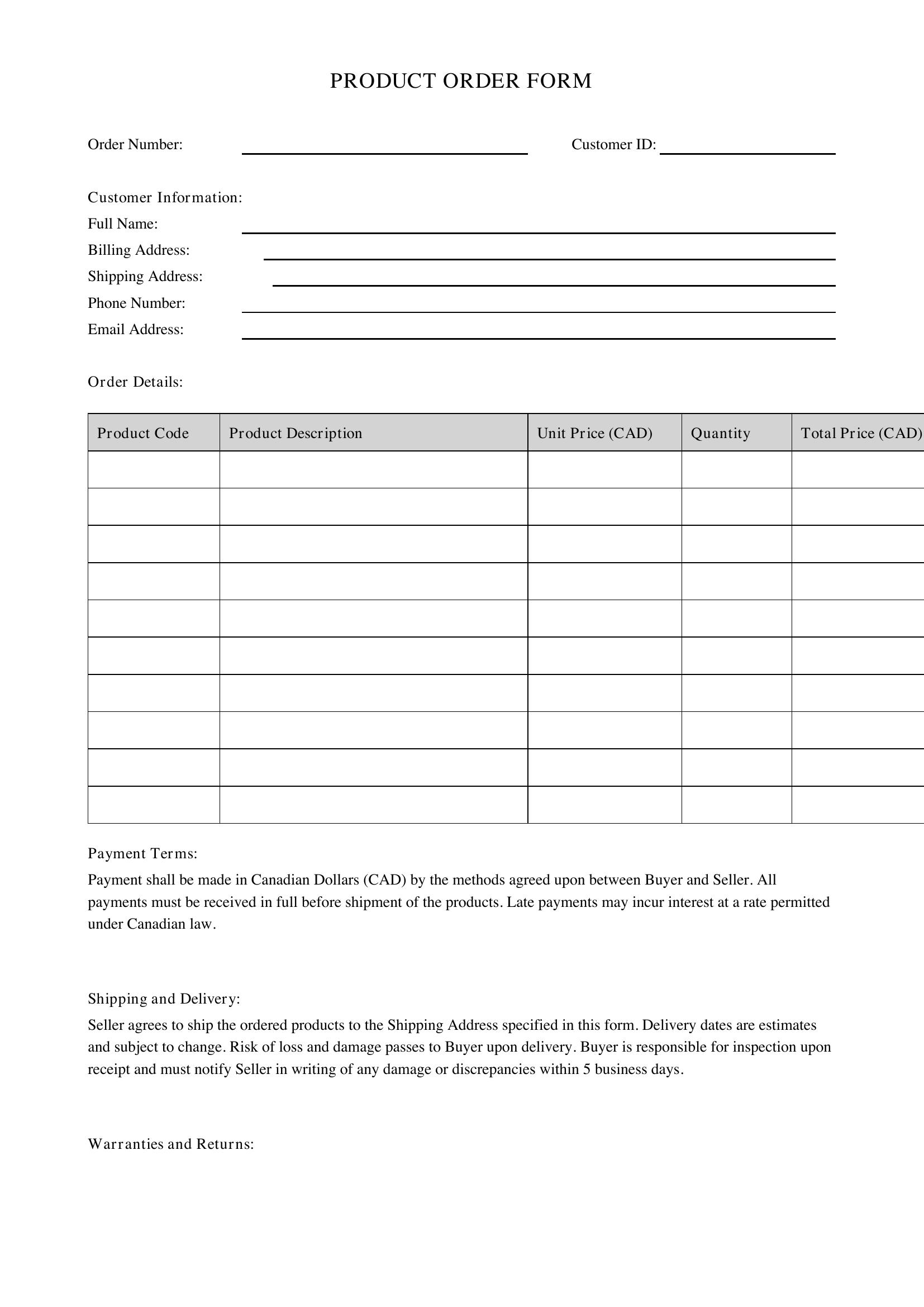 Product Order Form Template - Canada