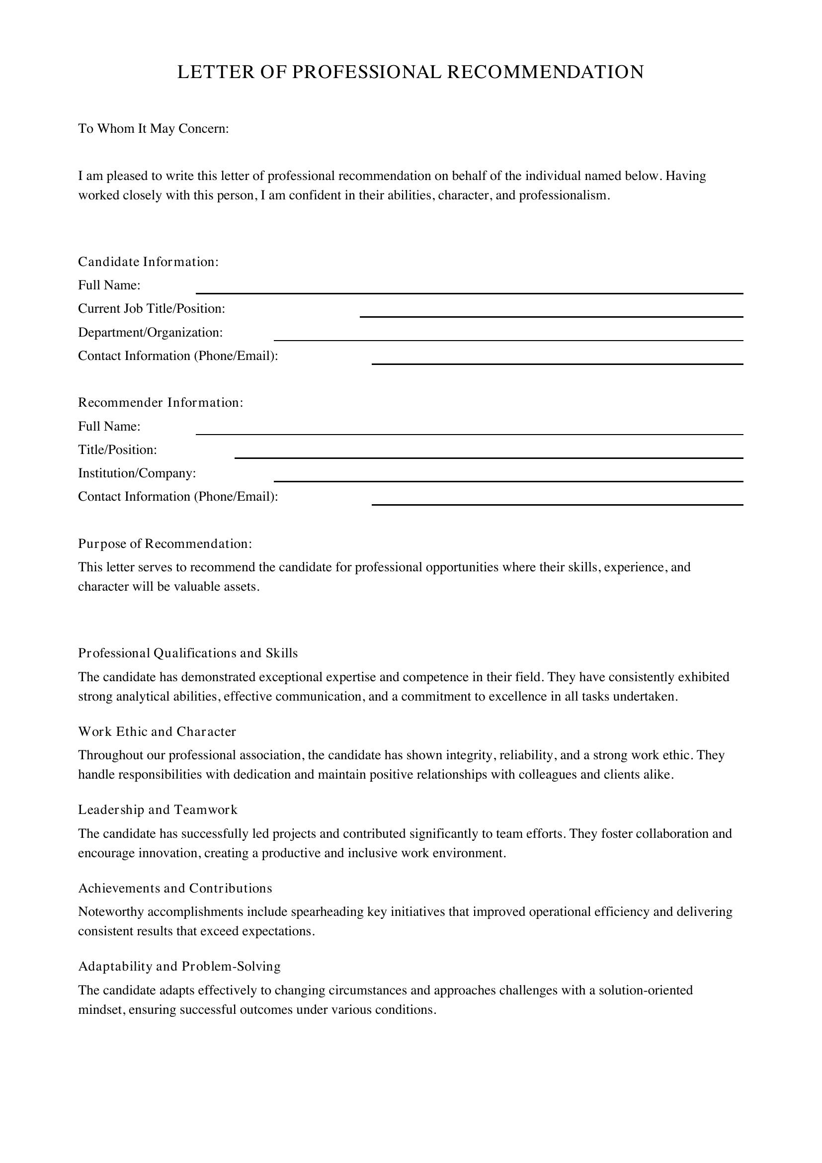 Professional Letter Of Recommendation Template - Canada