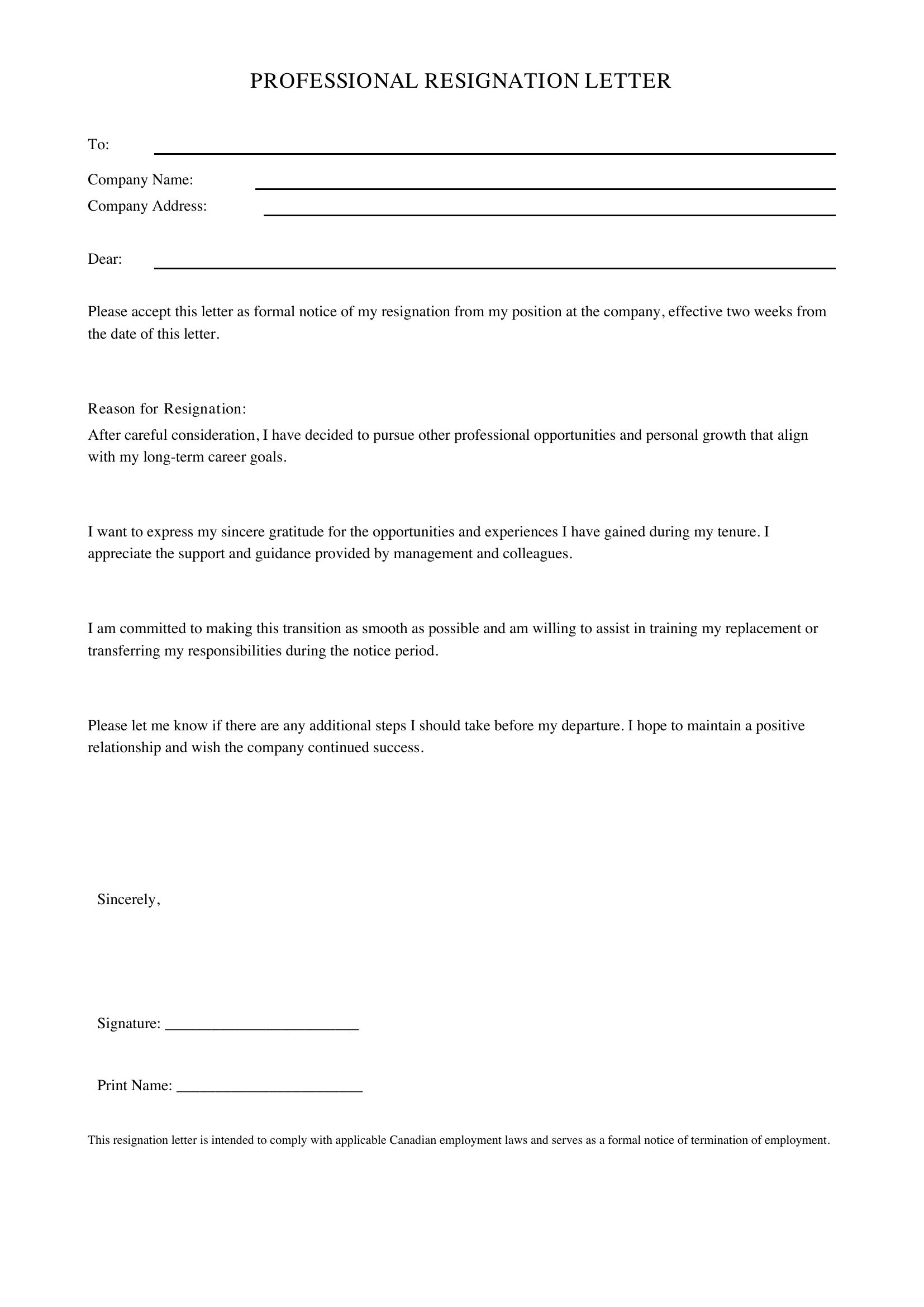 Professional Resignation Letter Template - Canada