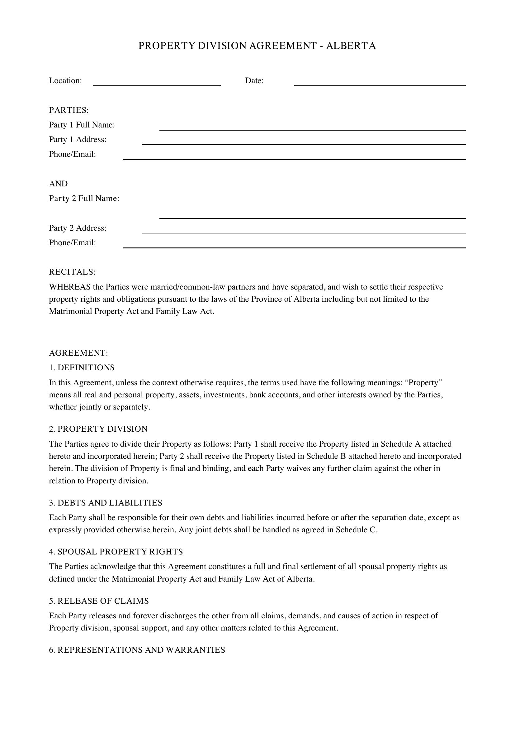 Property Division Agreement Alberta Template - Canada
