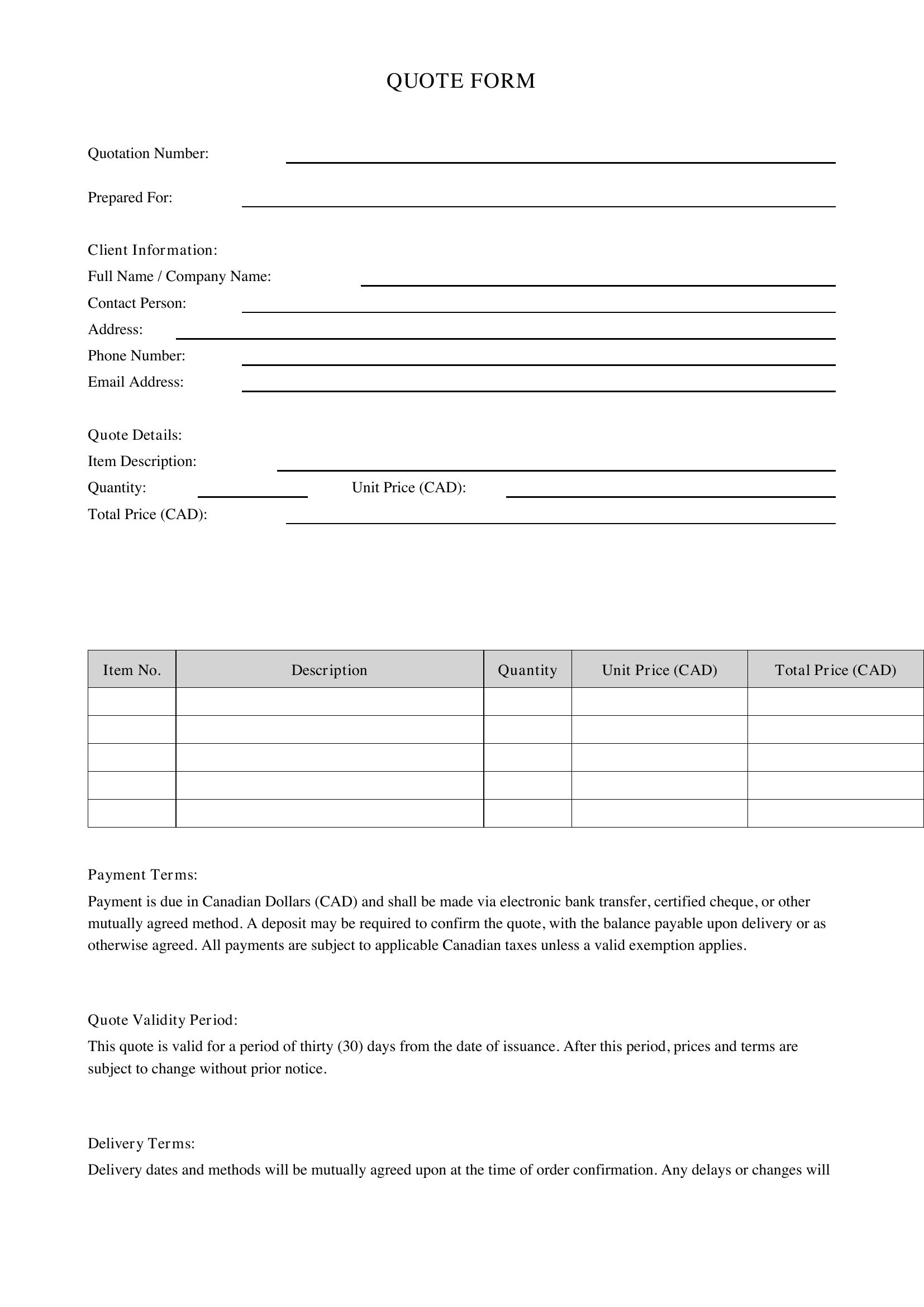 Quote Form Template - Canada