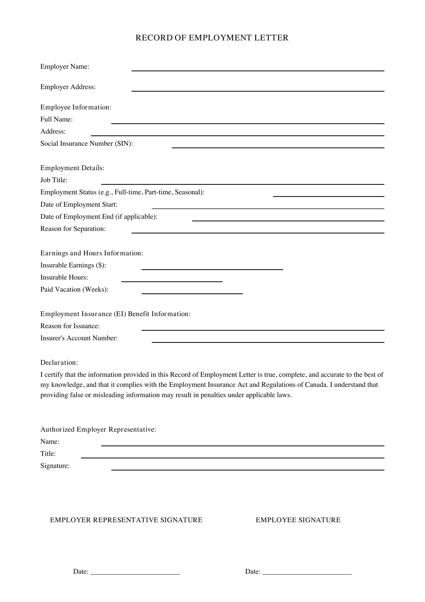 Record Of Employment Letter Template - Canada