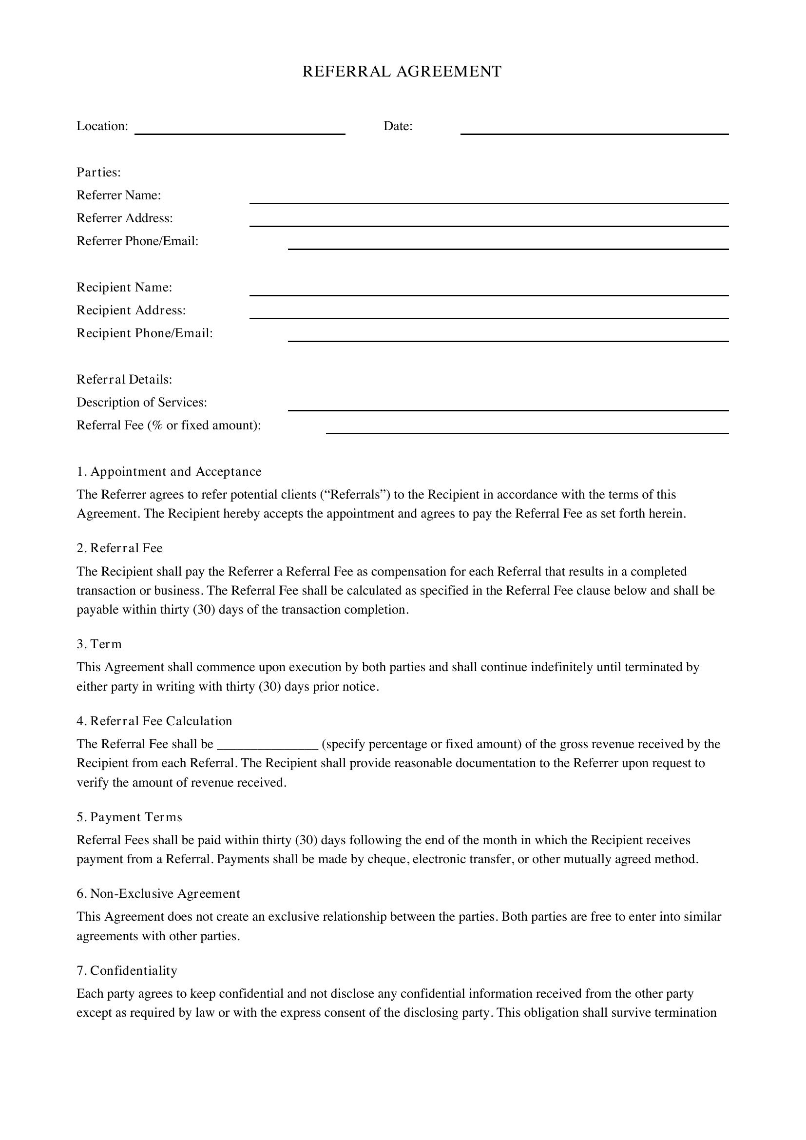 Referral Agreement Template - Canada
