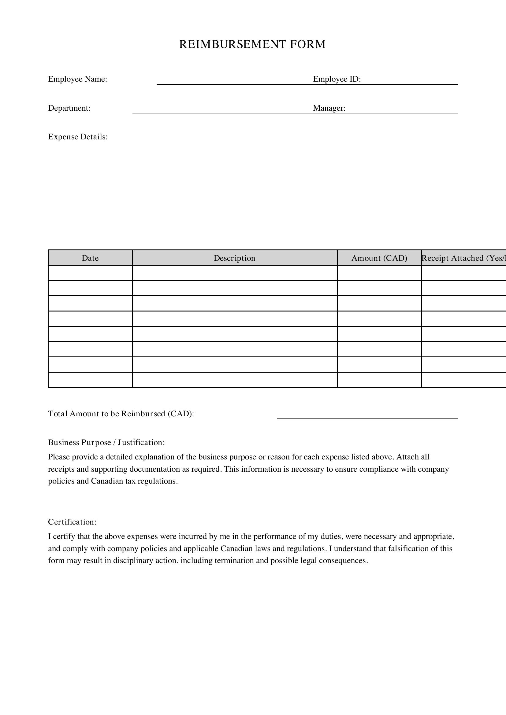 Reimbursement Form Template - Canada