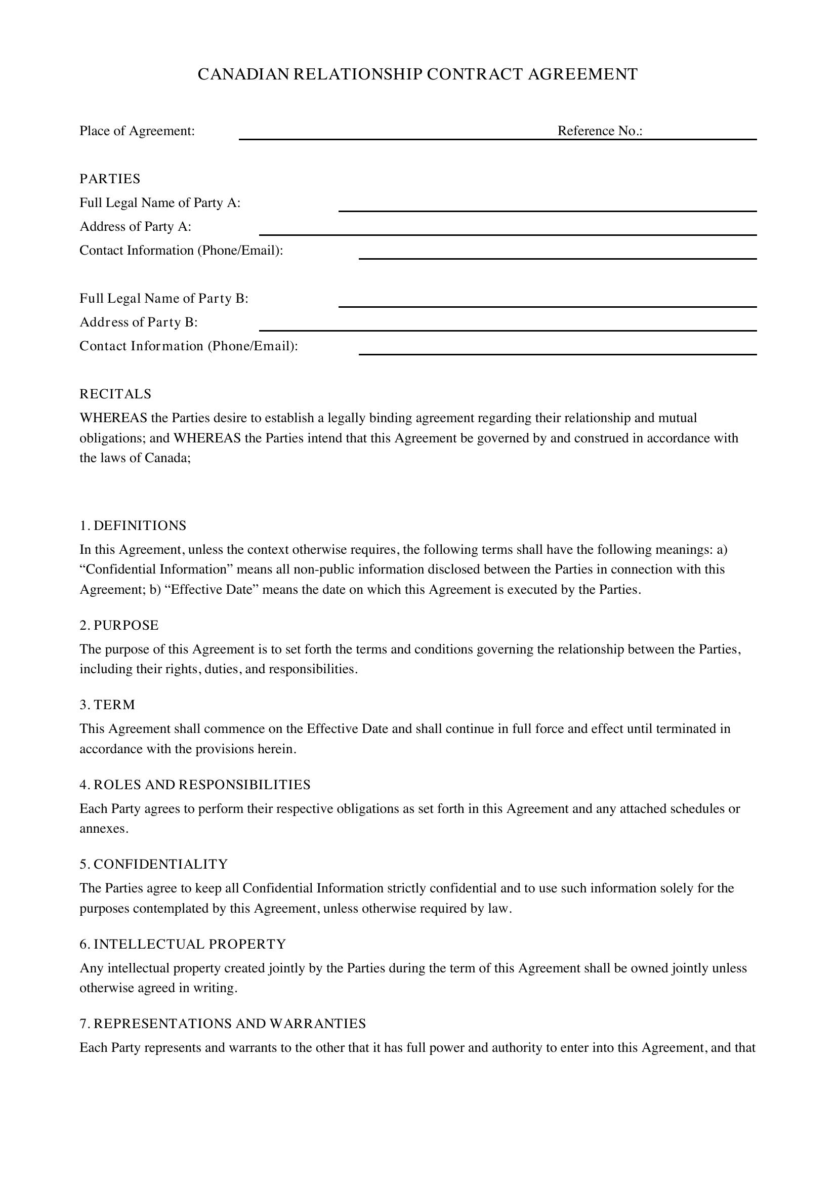 Relationship Contract Template - Canada