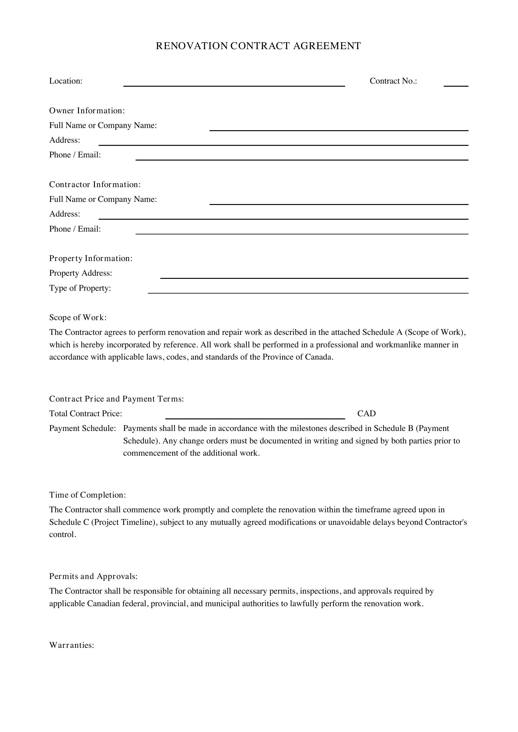 Renovation Contract Template - Canada