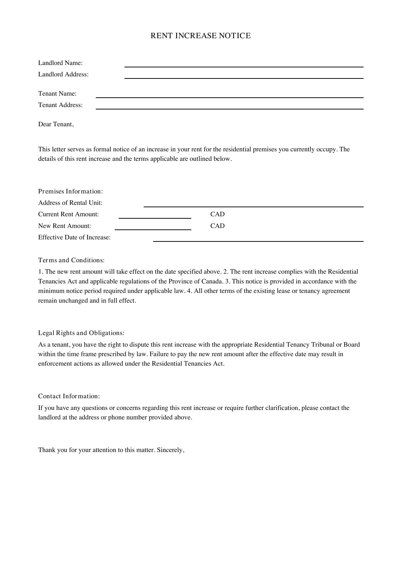 Rent Increase Letter Template - Canada