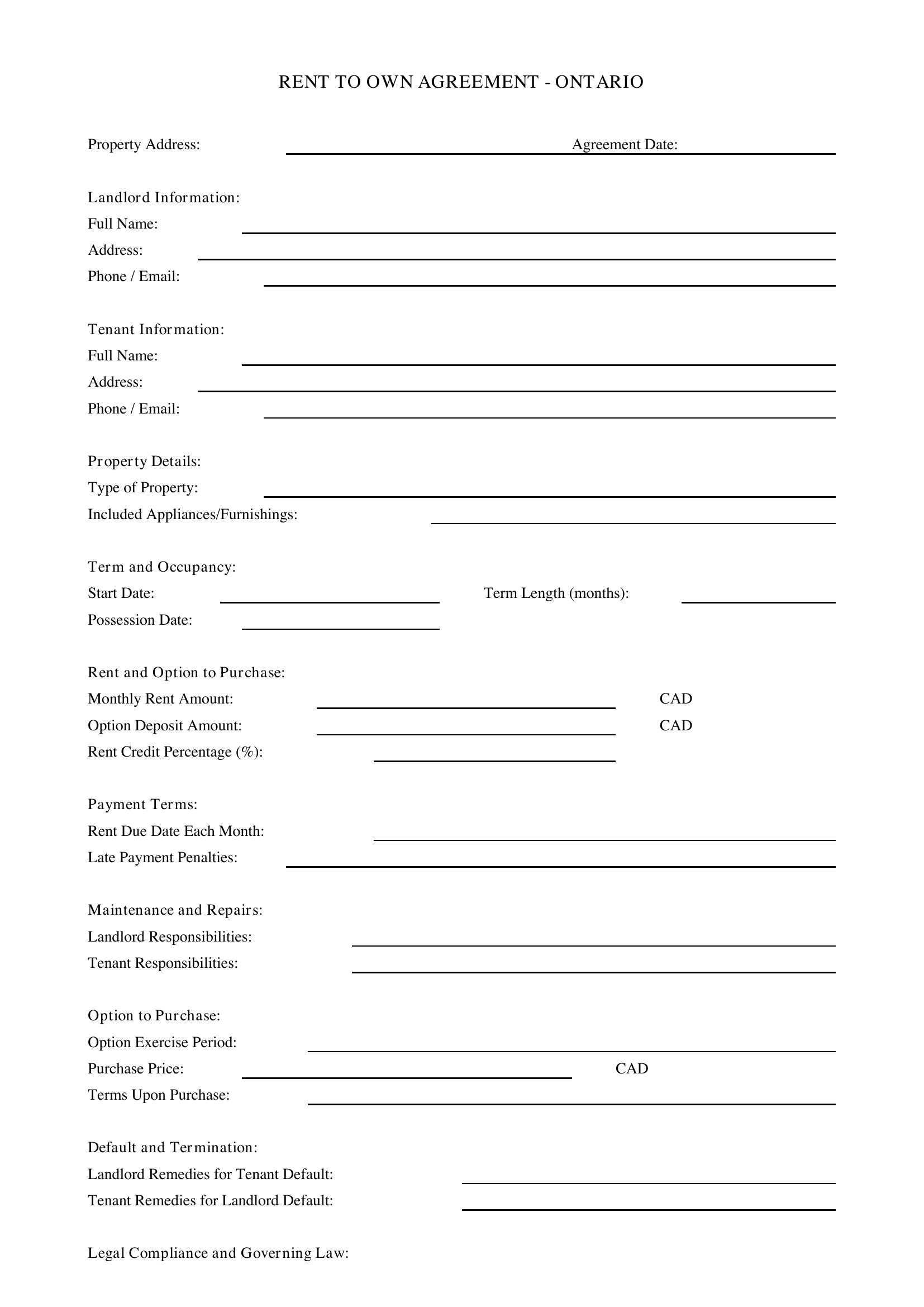 Rent To Own Agreement Ontario Template - Canada