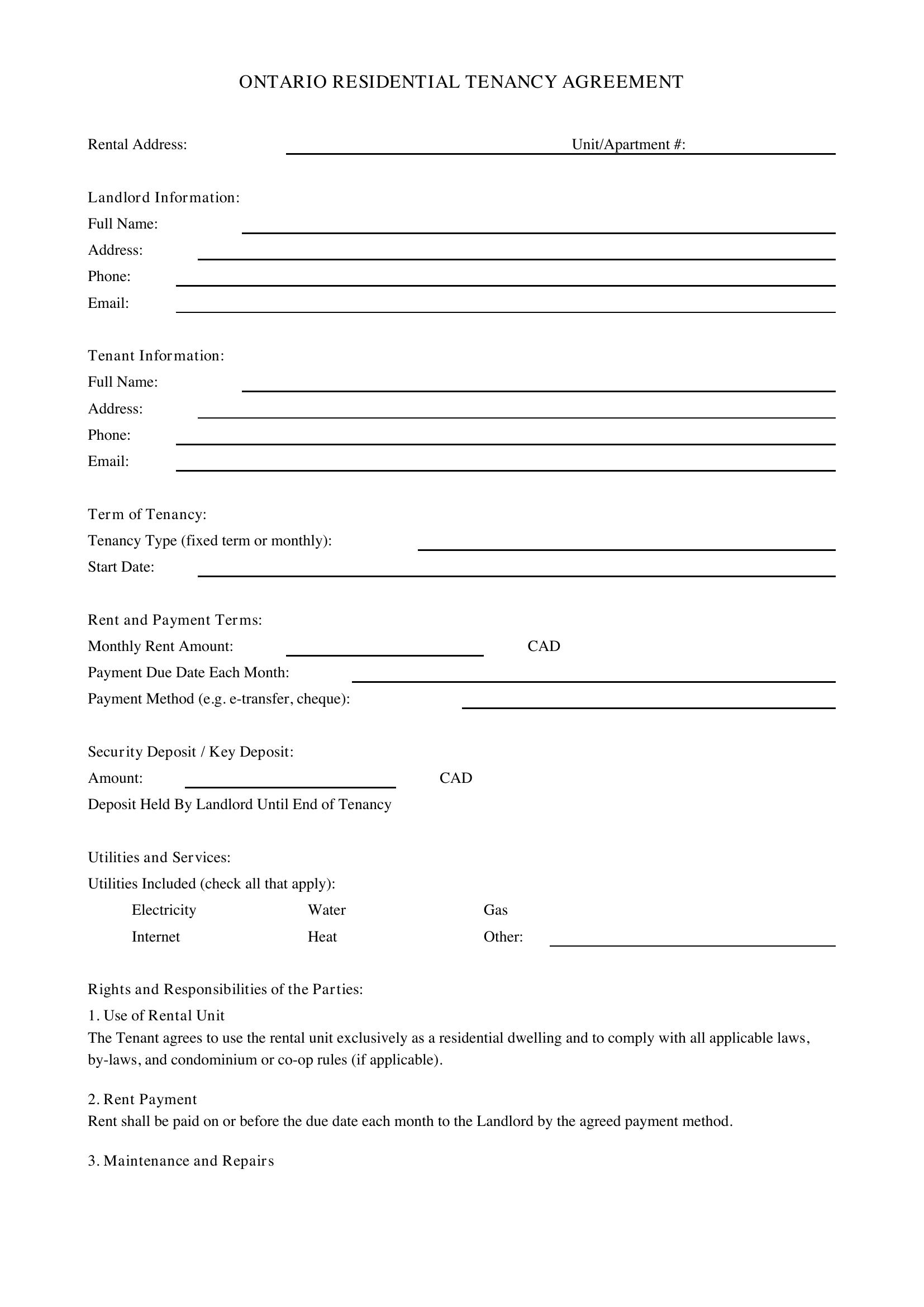 Rental Agreement Ontario Template - Canada