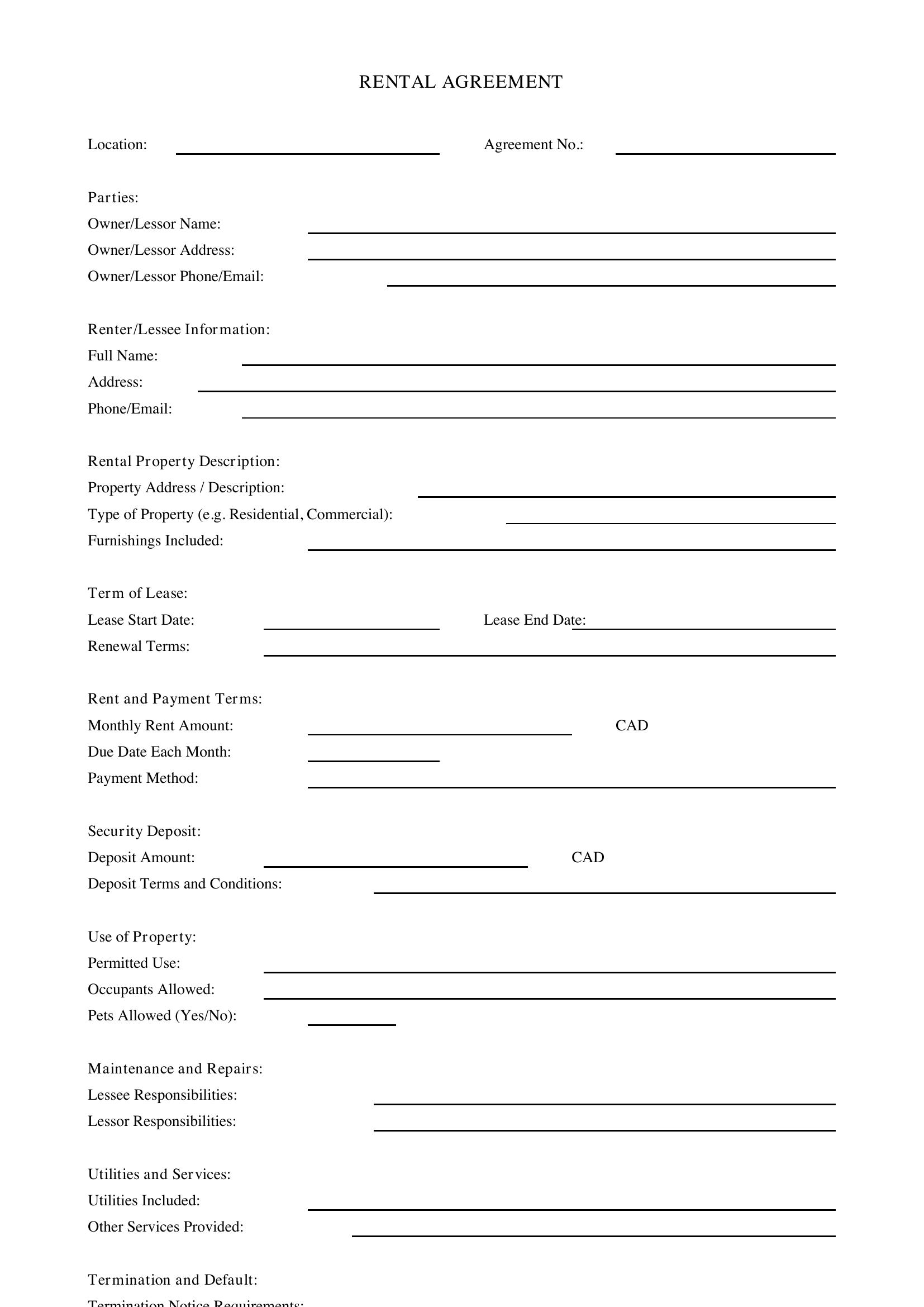 Rental Agreement Template - Canada