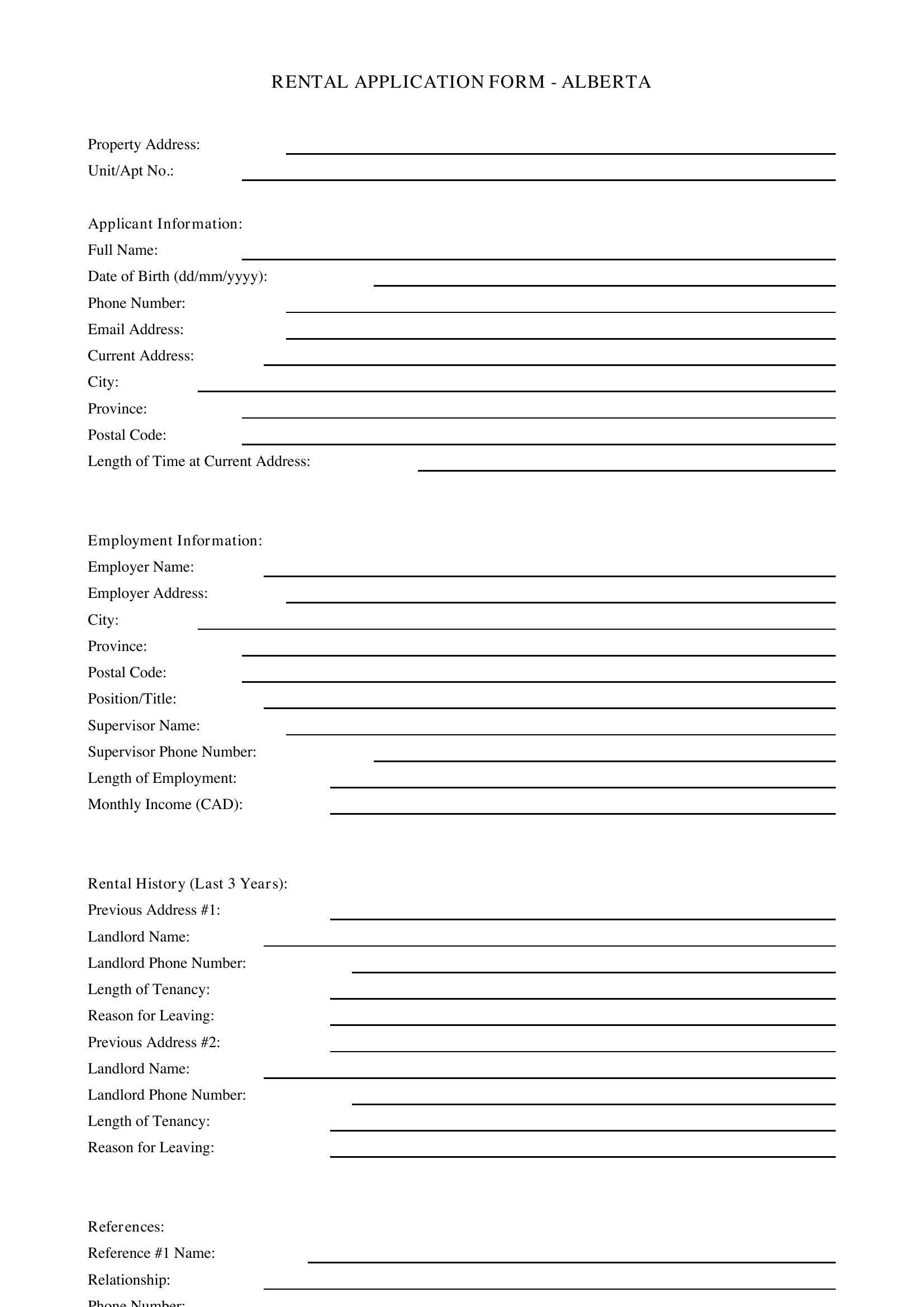 Rental Application Form Alberta Template - Canada