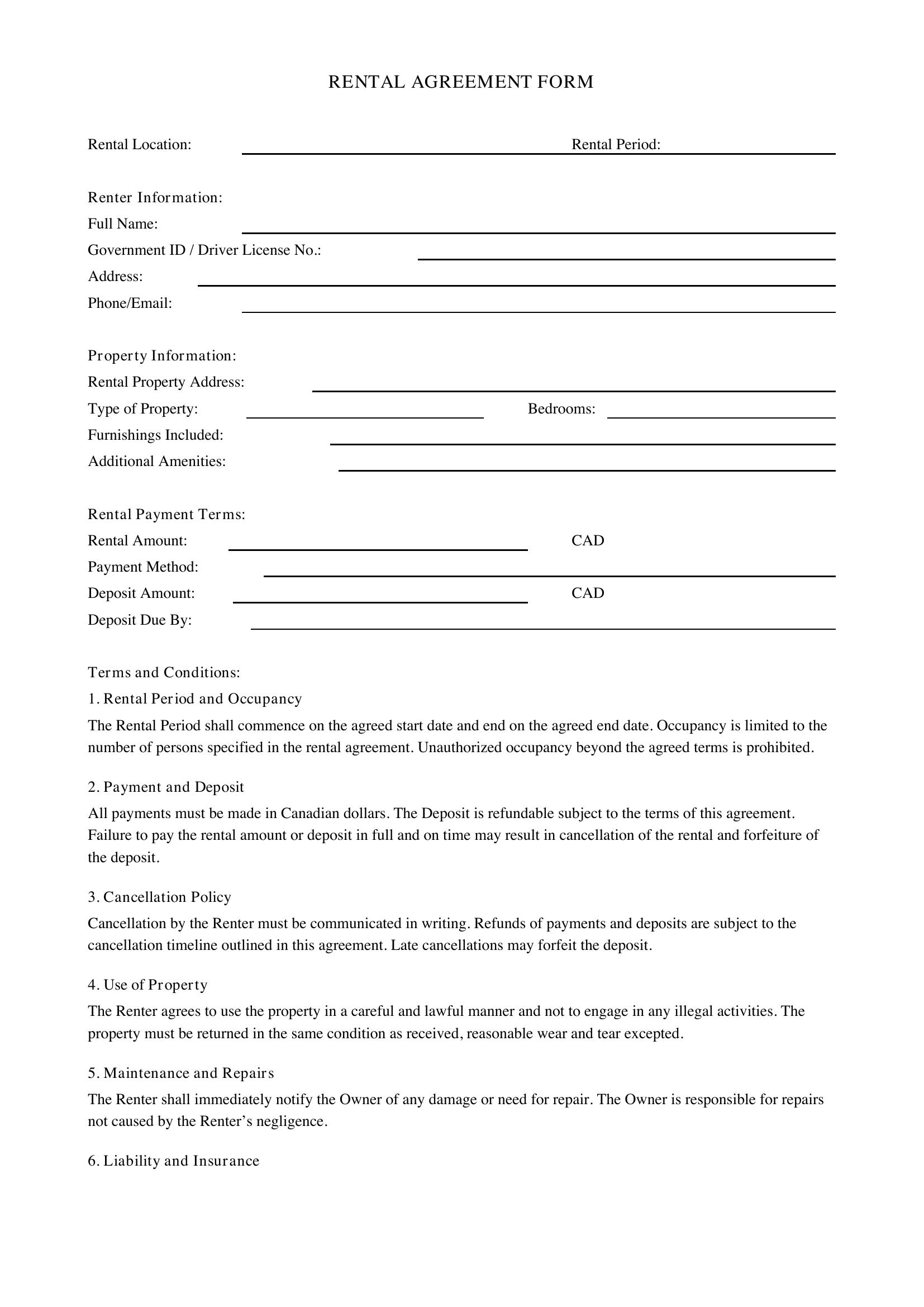 Rental Form Template - Canada