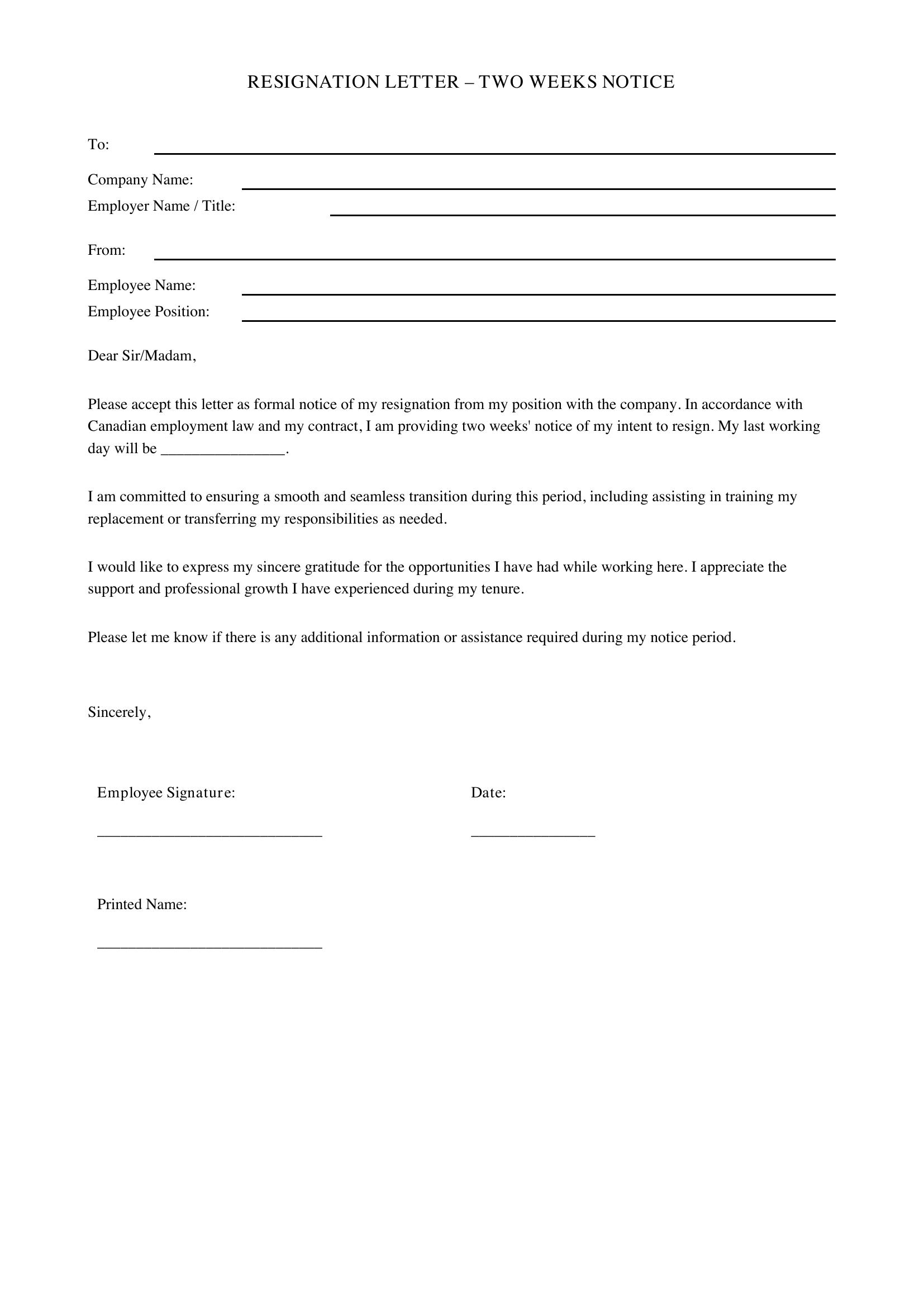 Resignation Letter 2 Weeks Notice Template - Canada