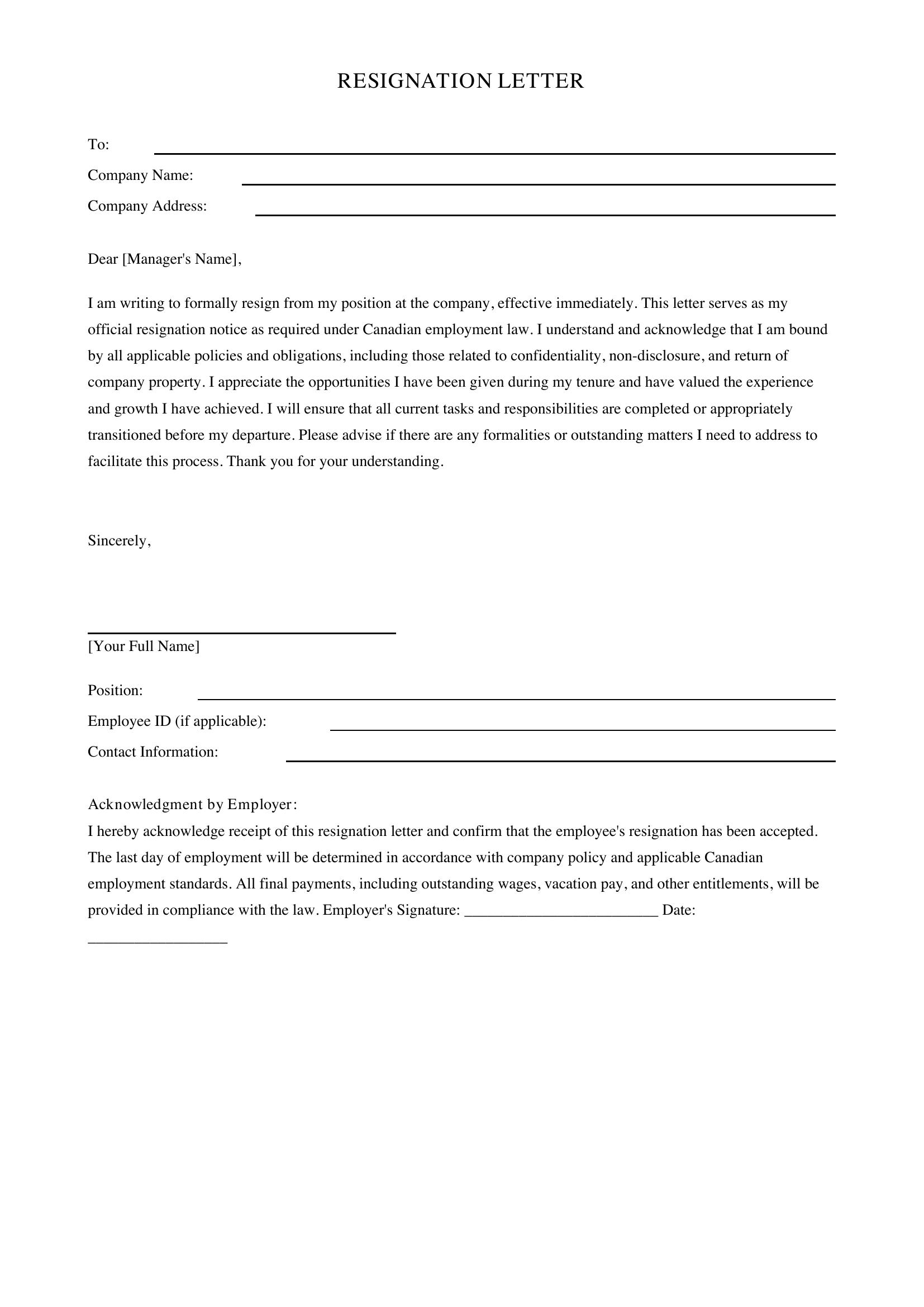 Resignation Letter Google Template - Canada