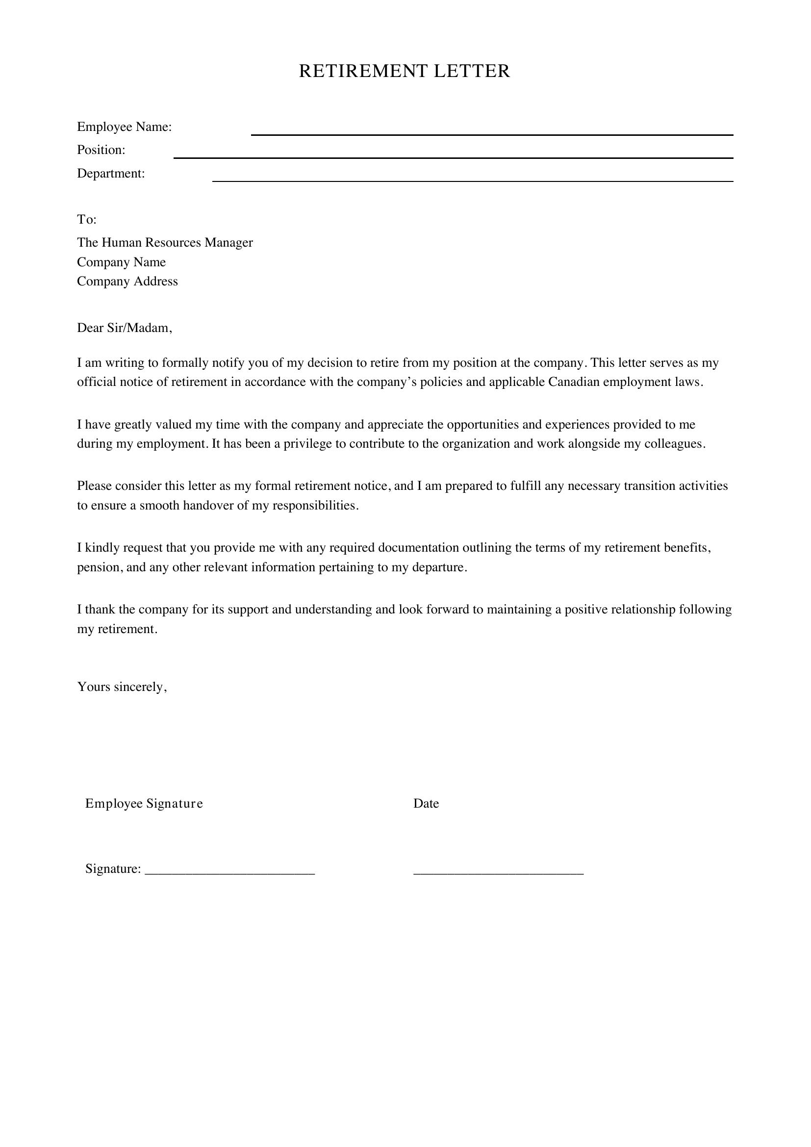 Retirement Letter Template - Canada