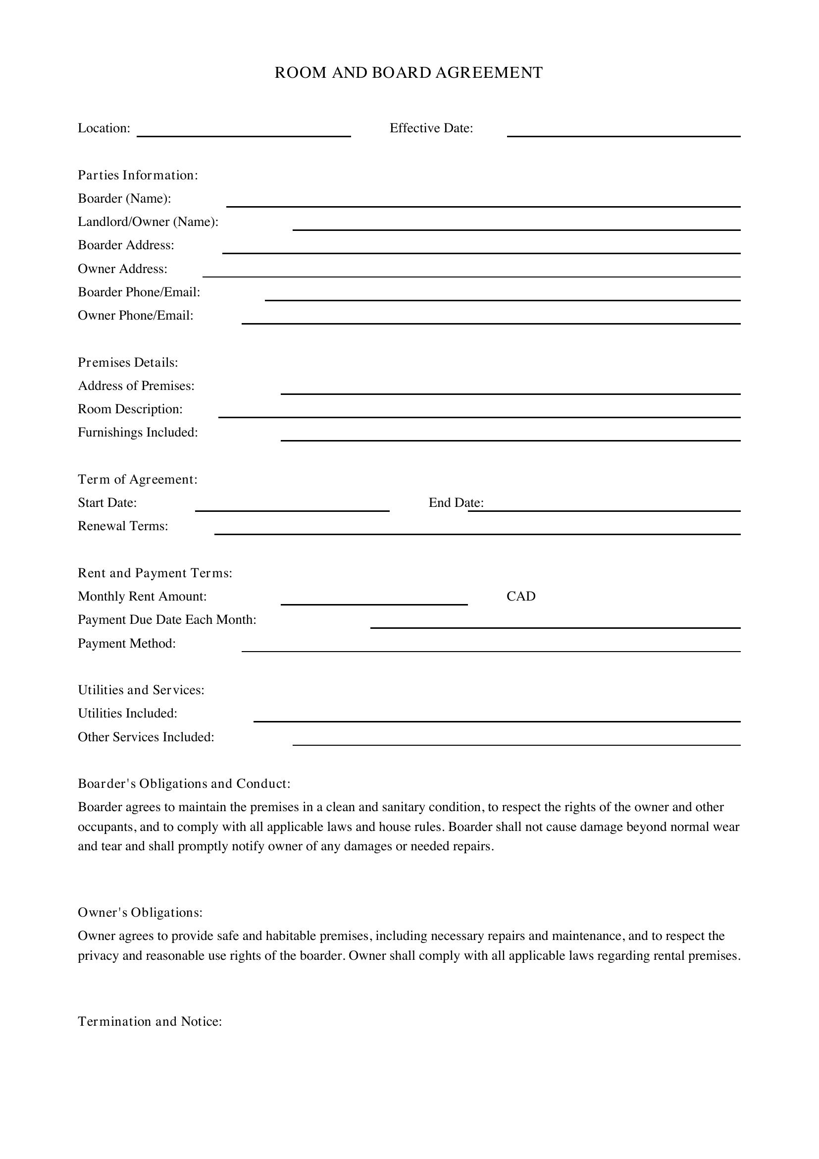 Room And Board Agreement Template - Canada