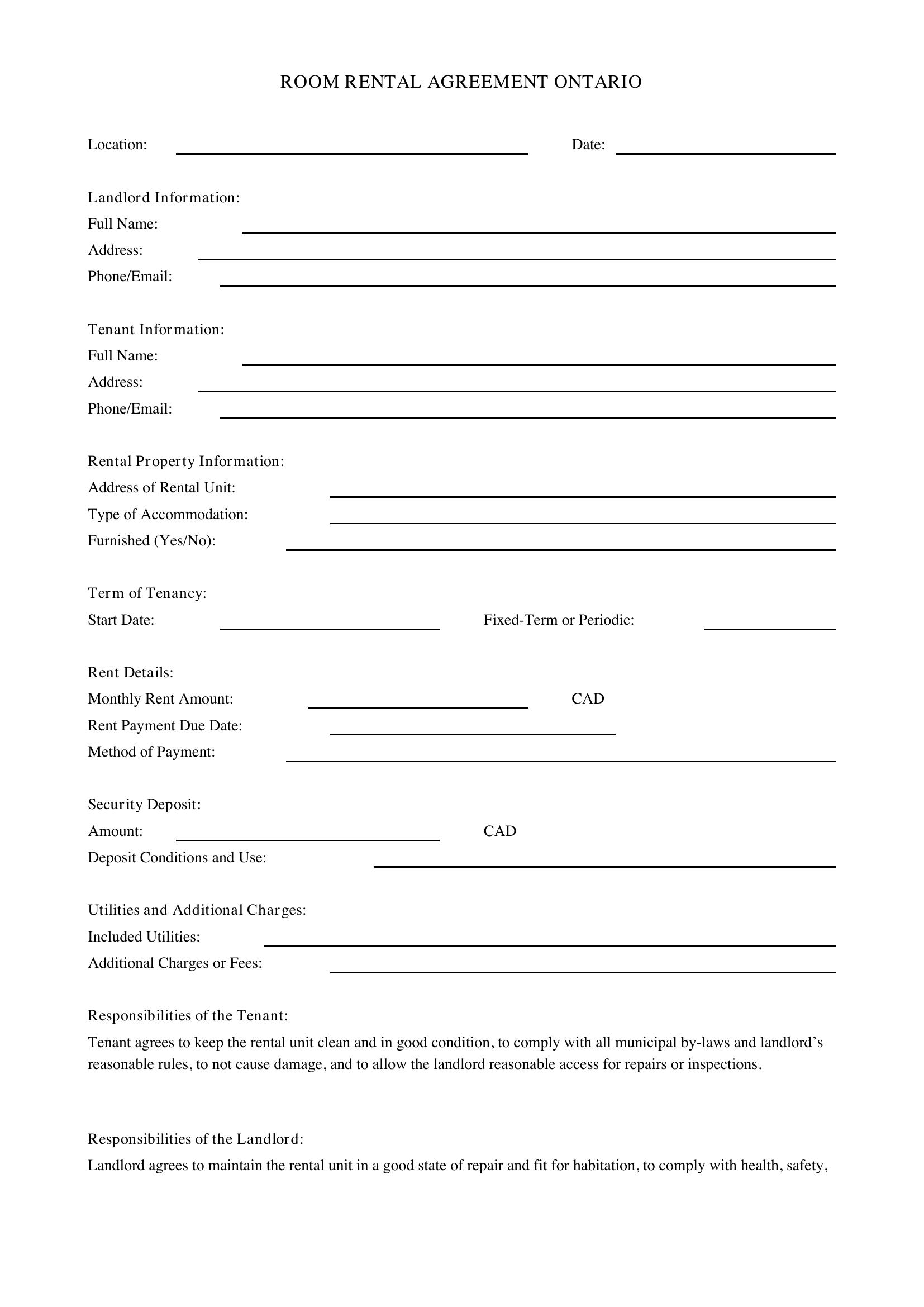 Room Rental Agreement Ontario Template - Canada
