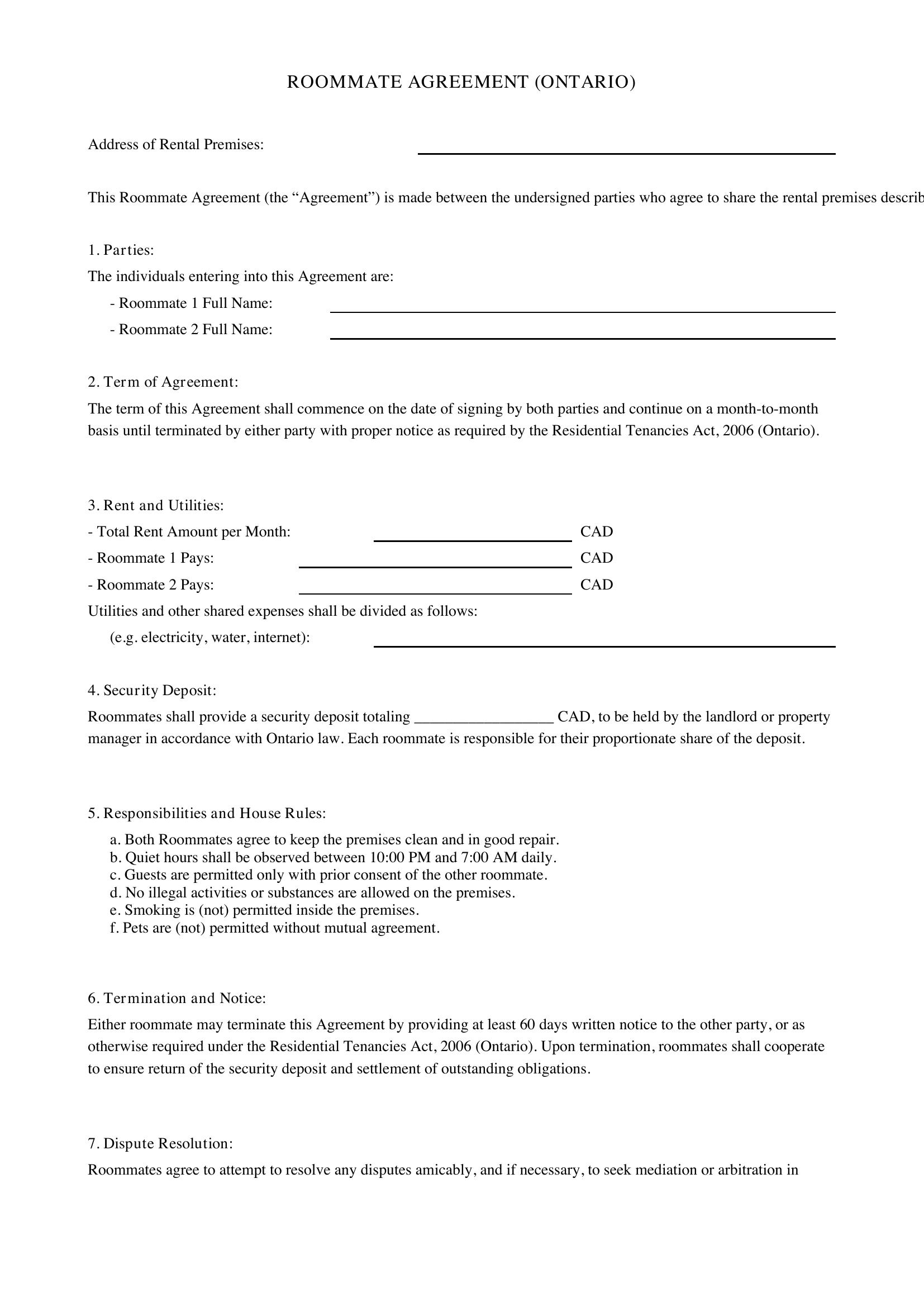 Roommate Agreement Ontario Template - Canada