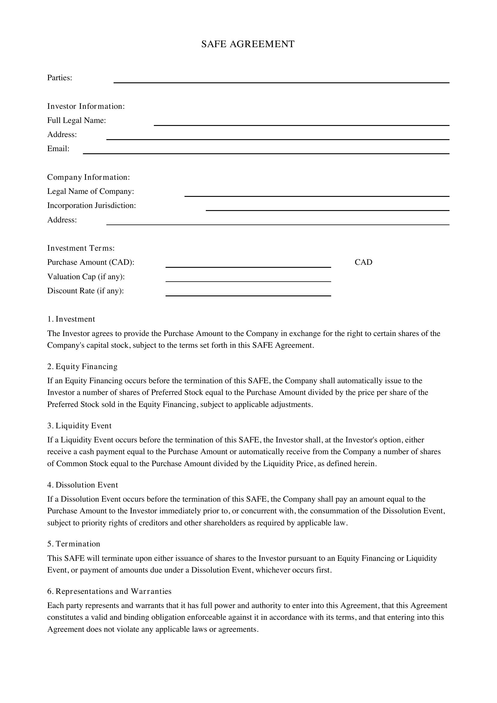 Safe Agreement Template - Canada