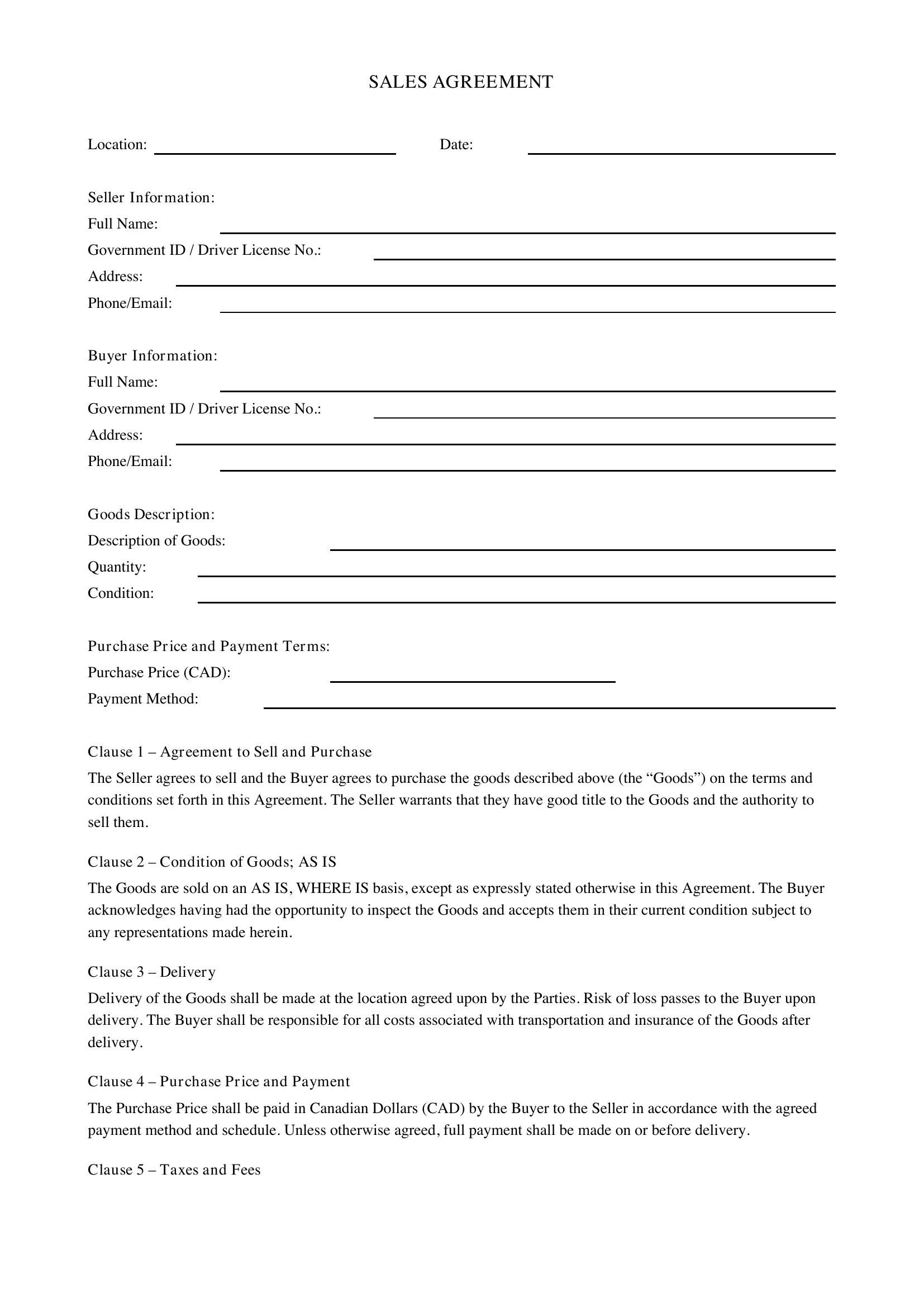 Sales Agreement Template - Canada
