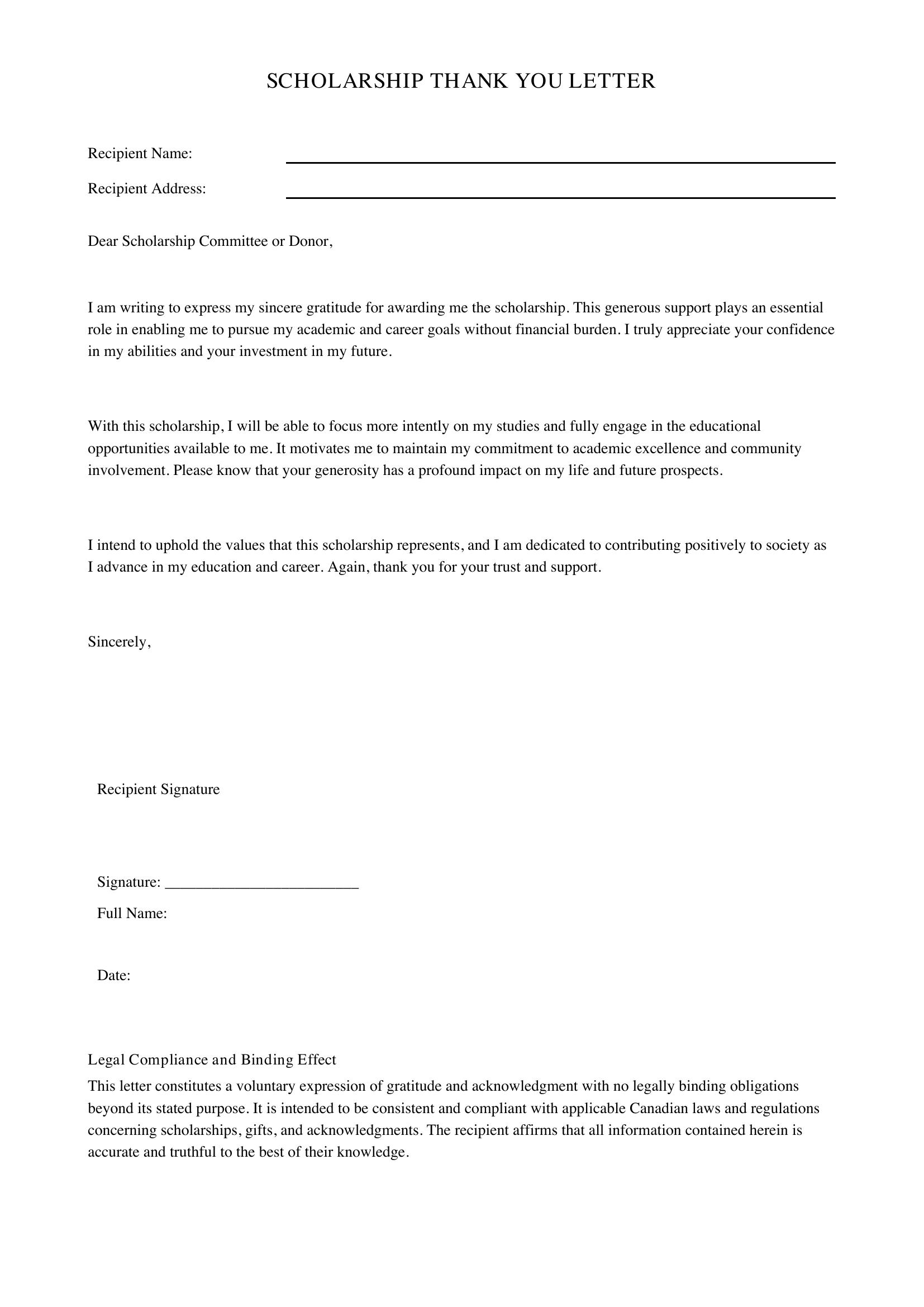 Scholarship Thank You Letter Template - Canada