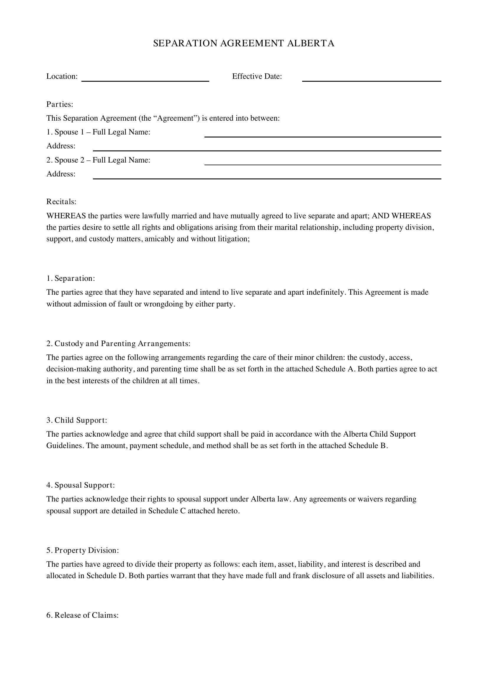 Separation Agreement Alberta Template - Canada