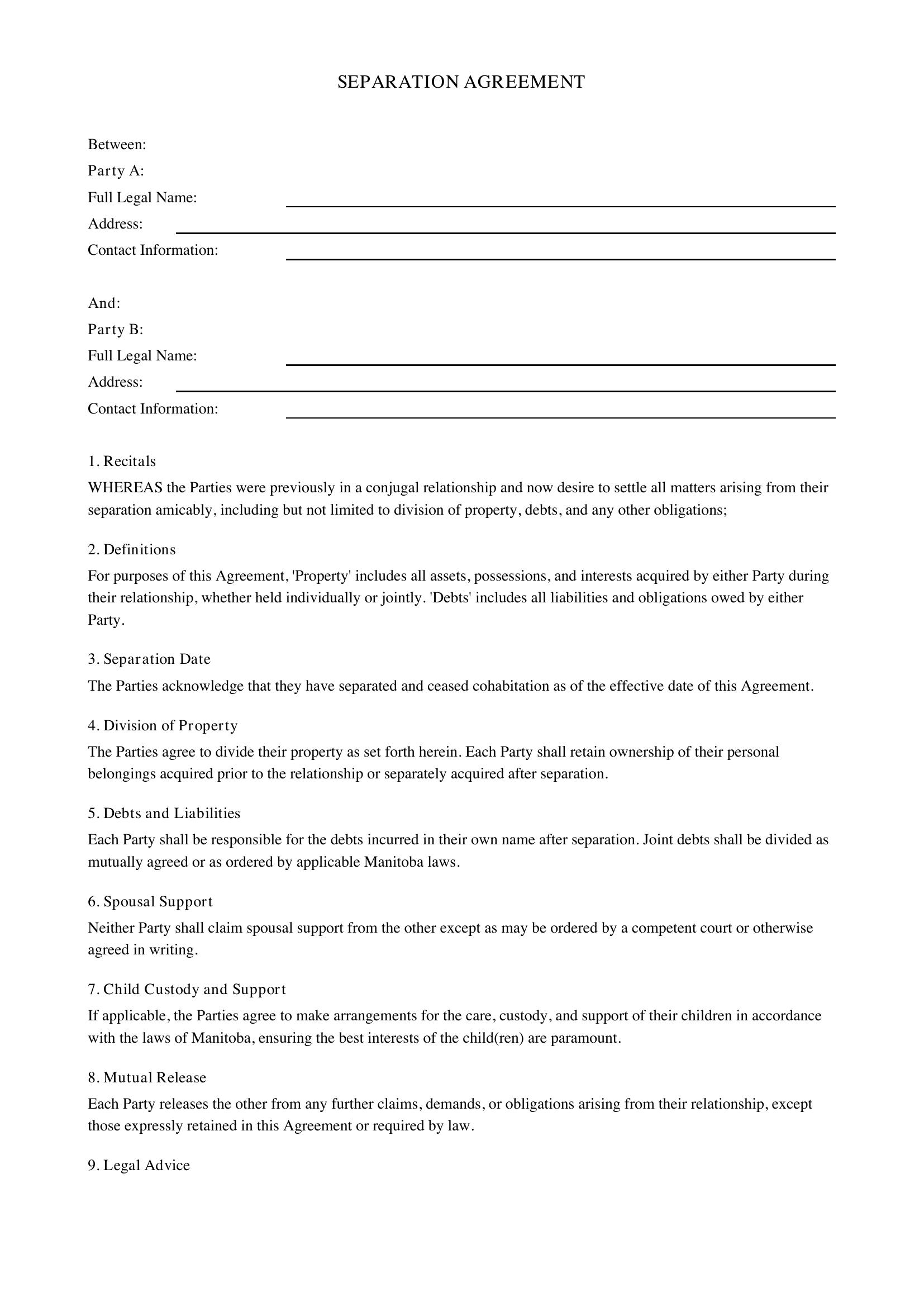 Separation Agreement Manitoba Template - Canada