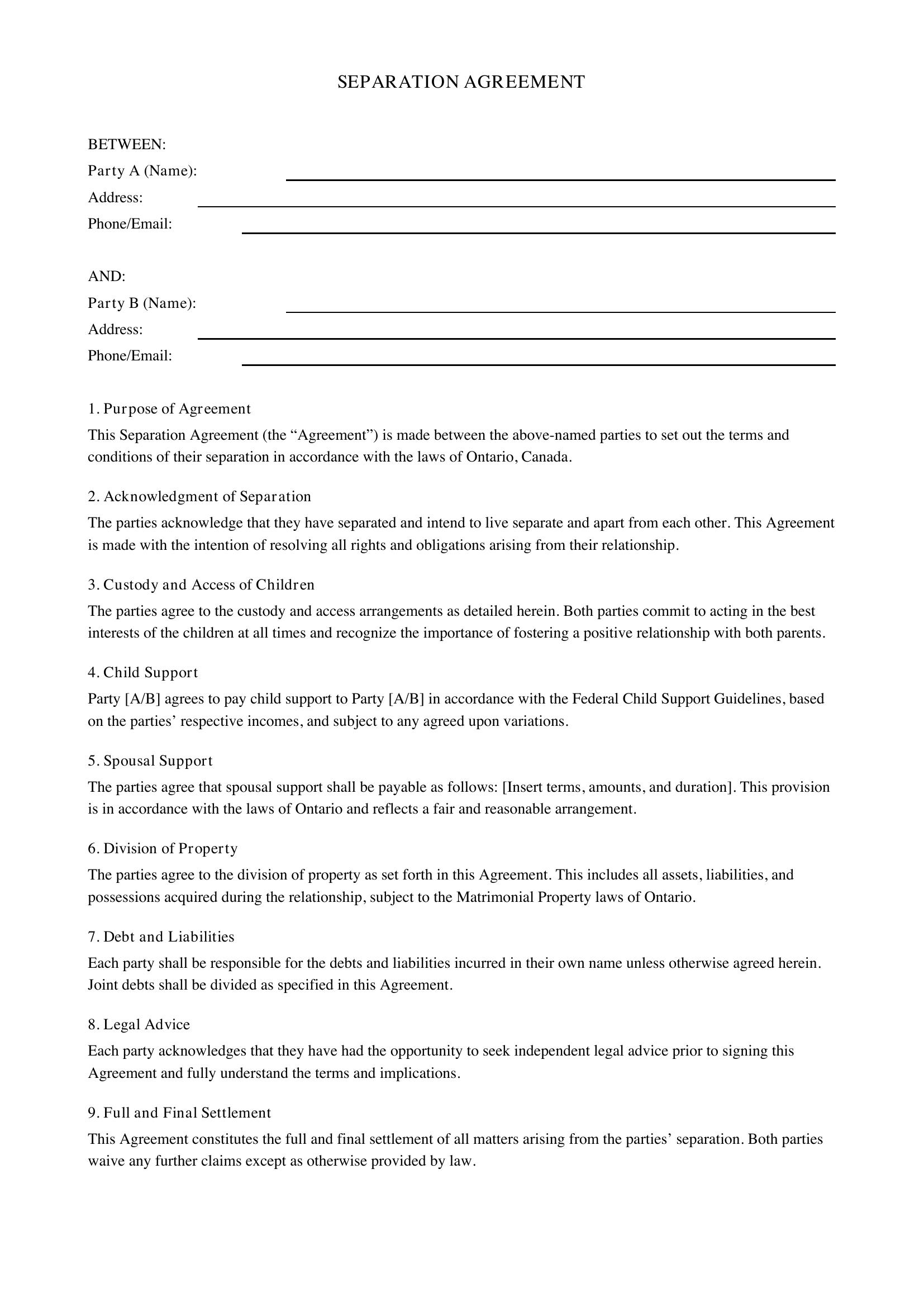 Separation Agreement Ontario Template - Canada