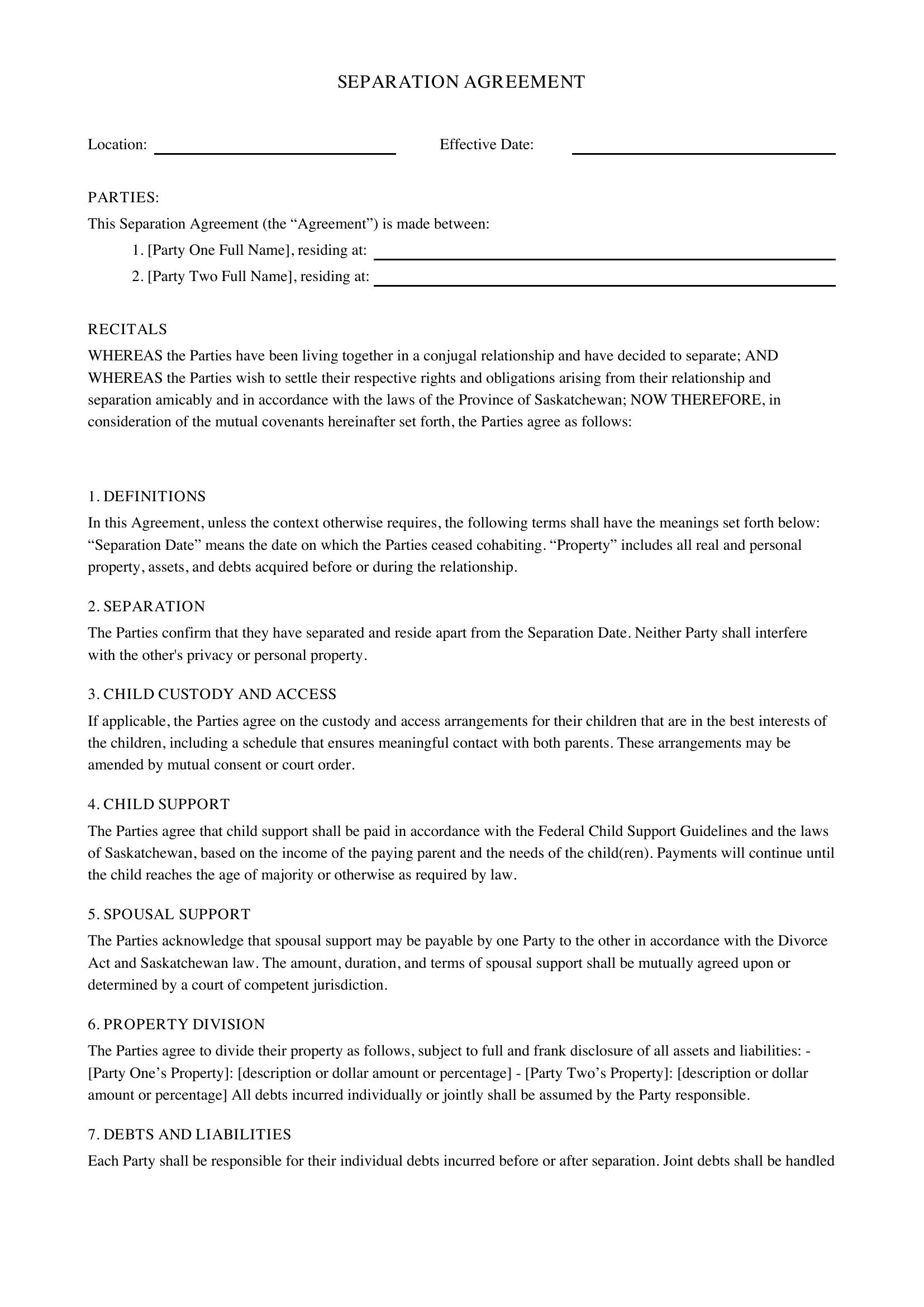 Separation Agreement Saskatchewan Template - Canada