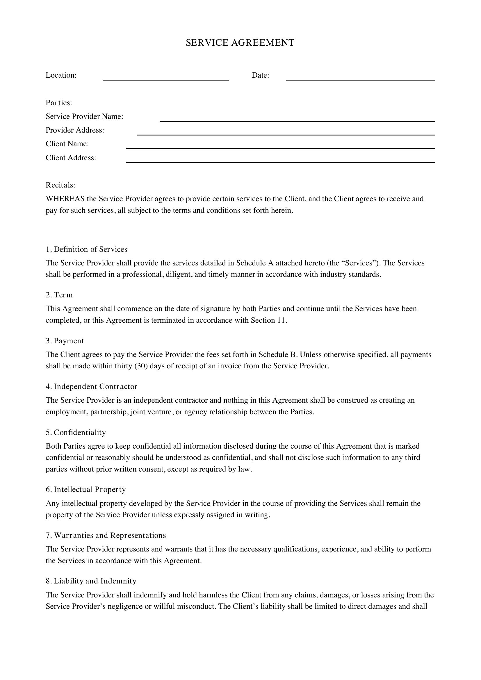 Service Agreement Ontario Template - Canada