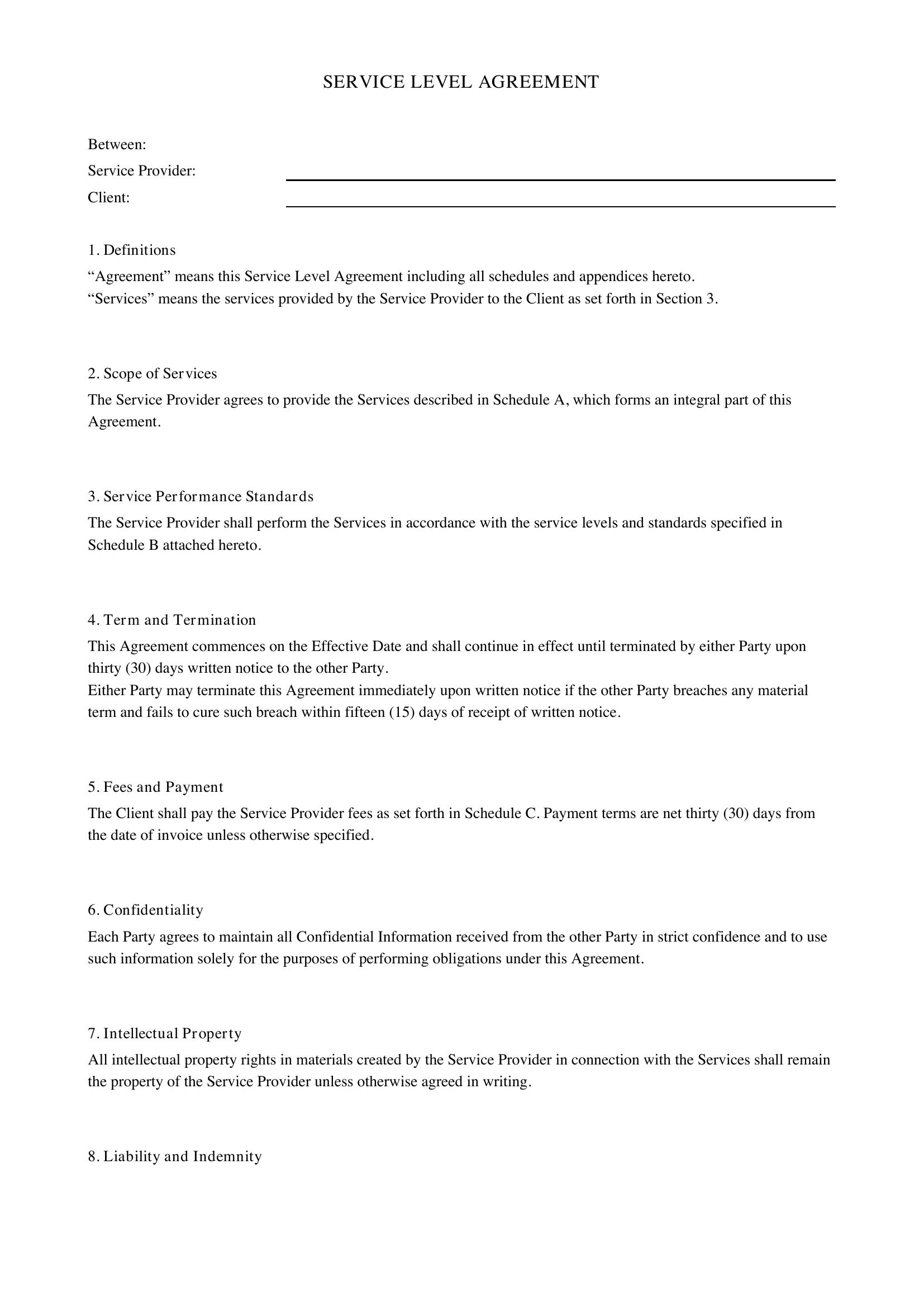 Service Level Agreement Template - Canada