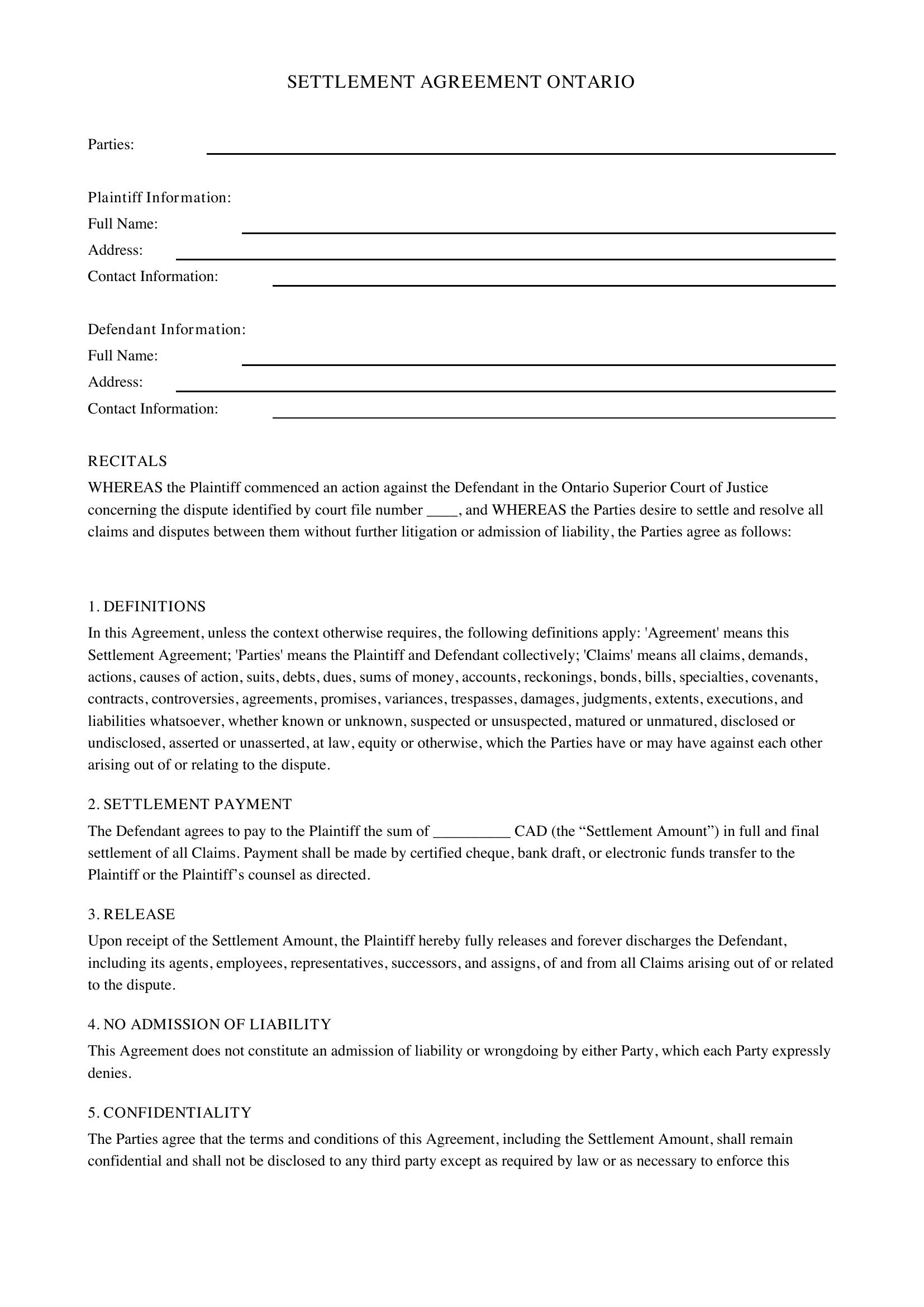Settlement Agreement Ontario Template - Canada