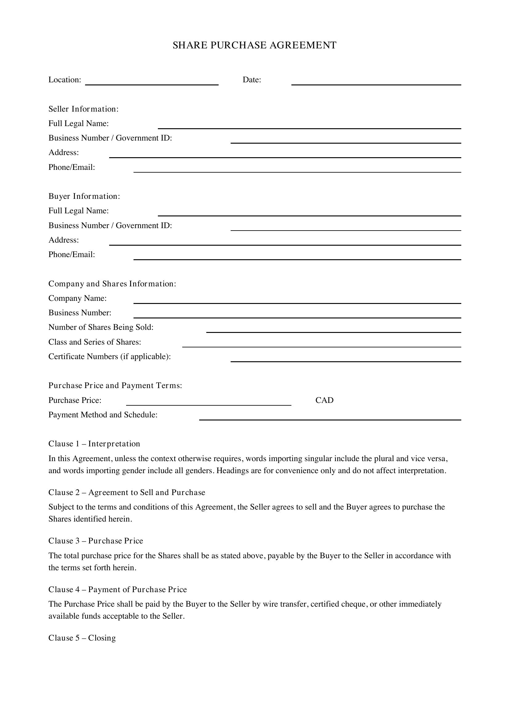 Share Purchase Agreement Template - Canada