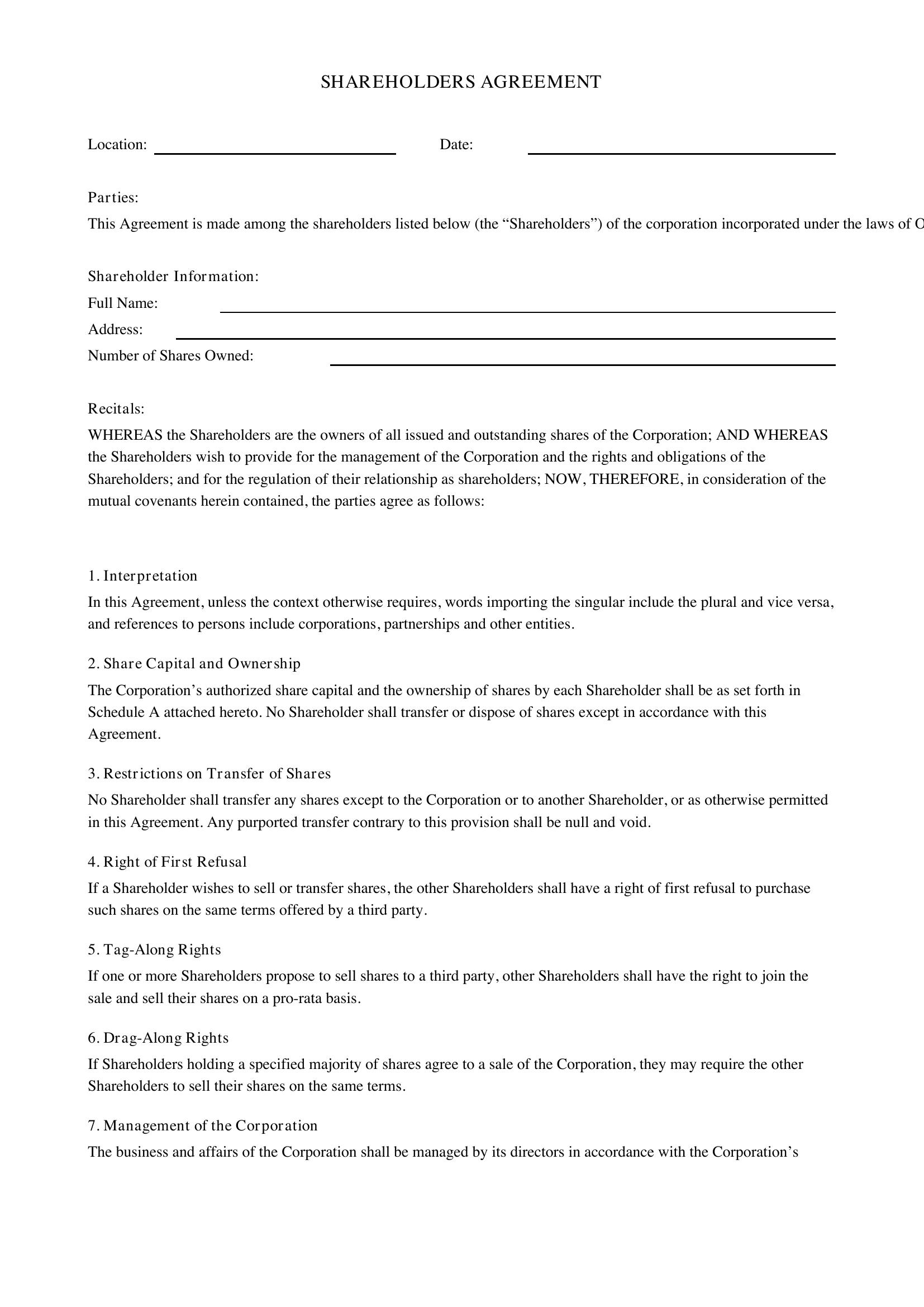 Shareholder Agreement Ontario Template - Canada