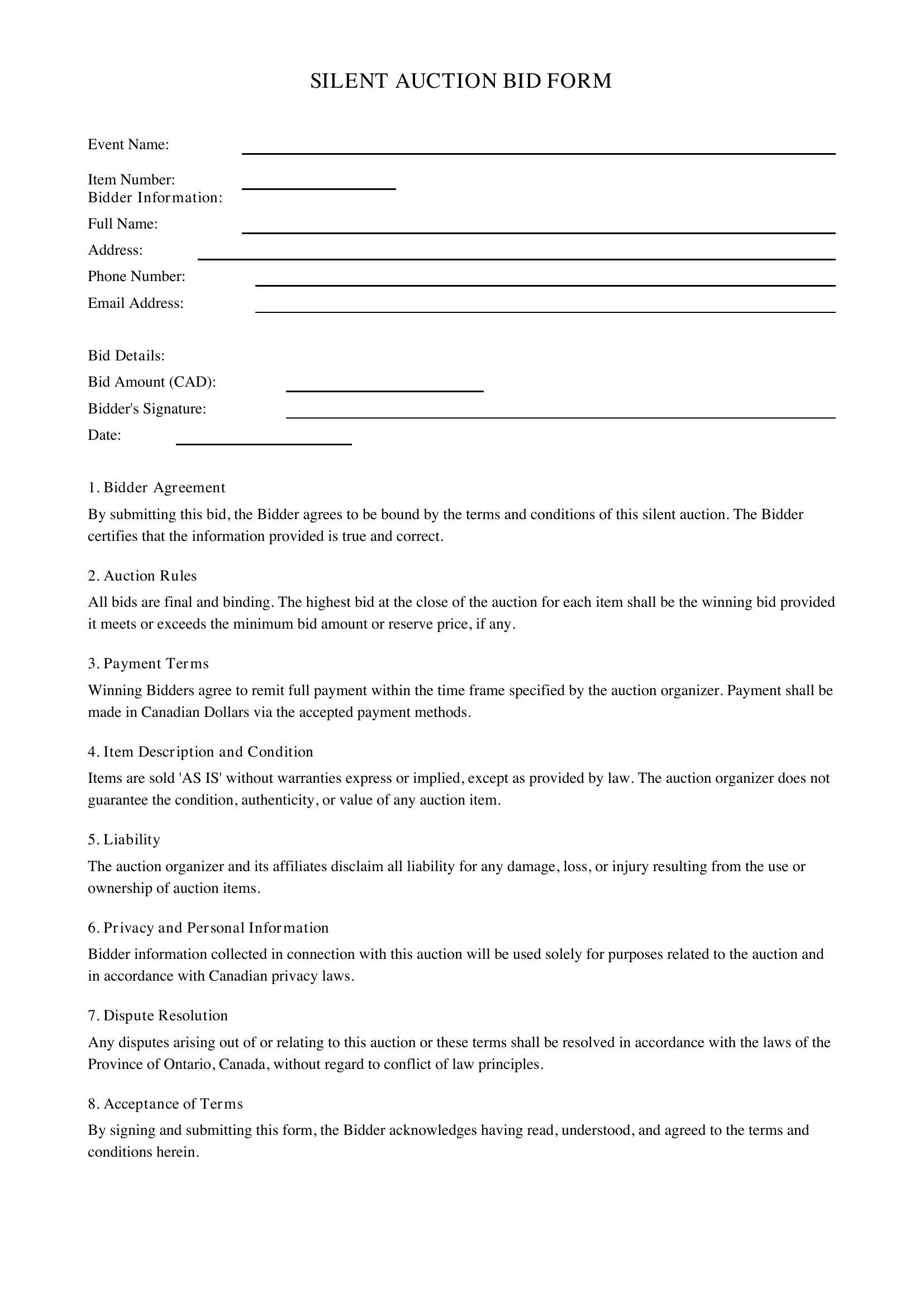 Silent Auction Form Template - Canada
