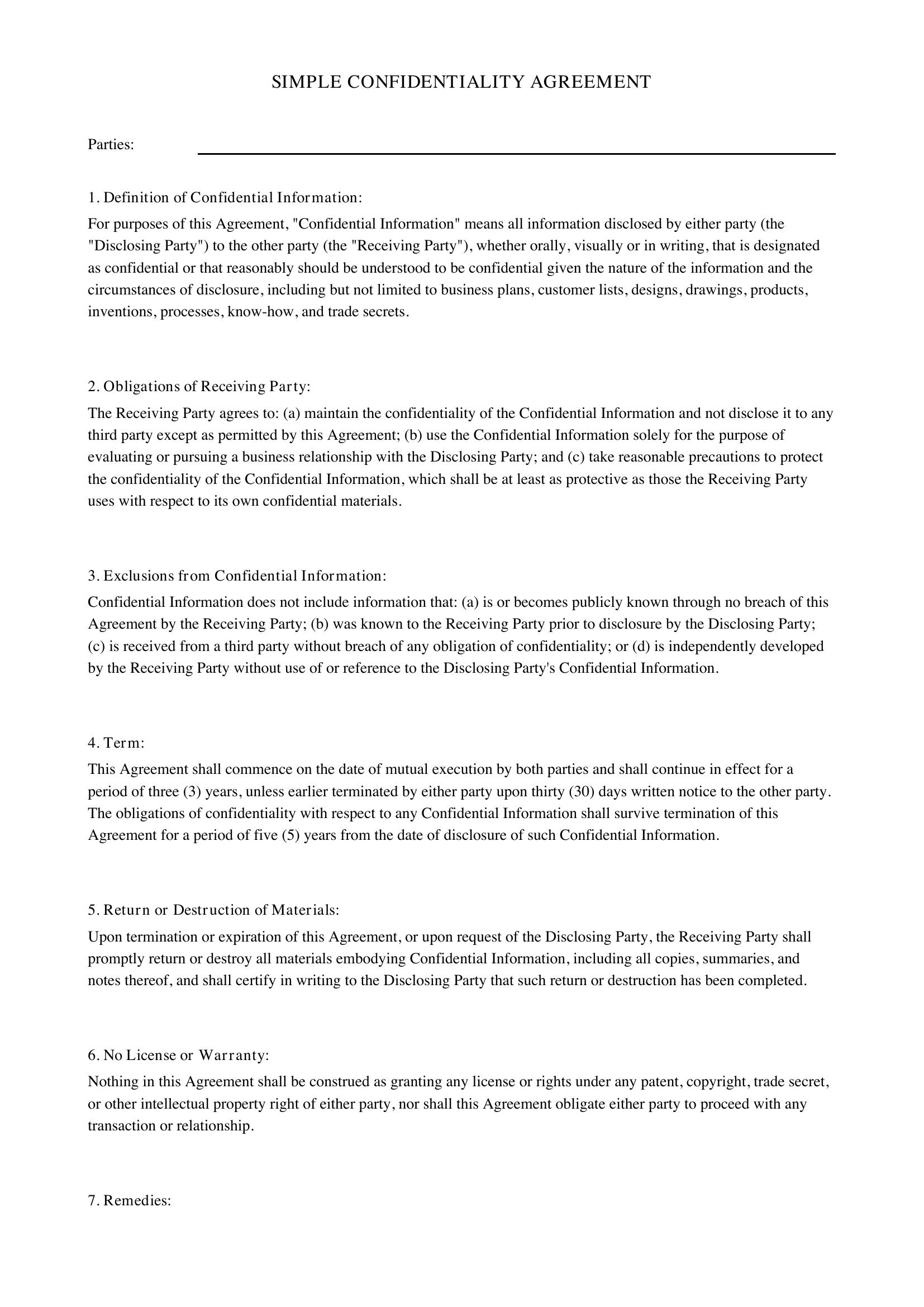 Simple Confidentiality Agreement Template - Canada