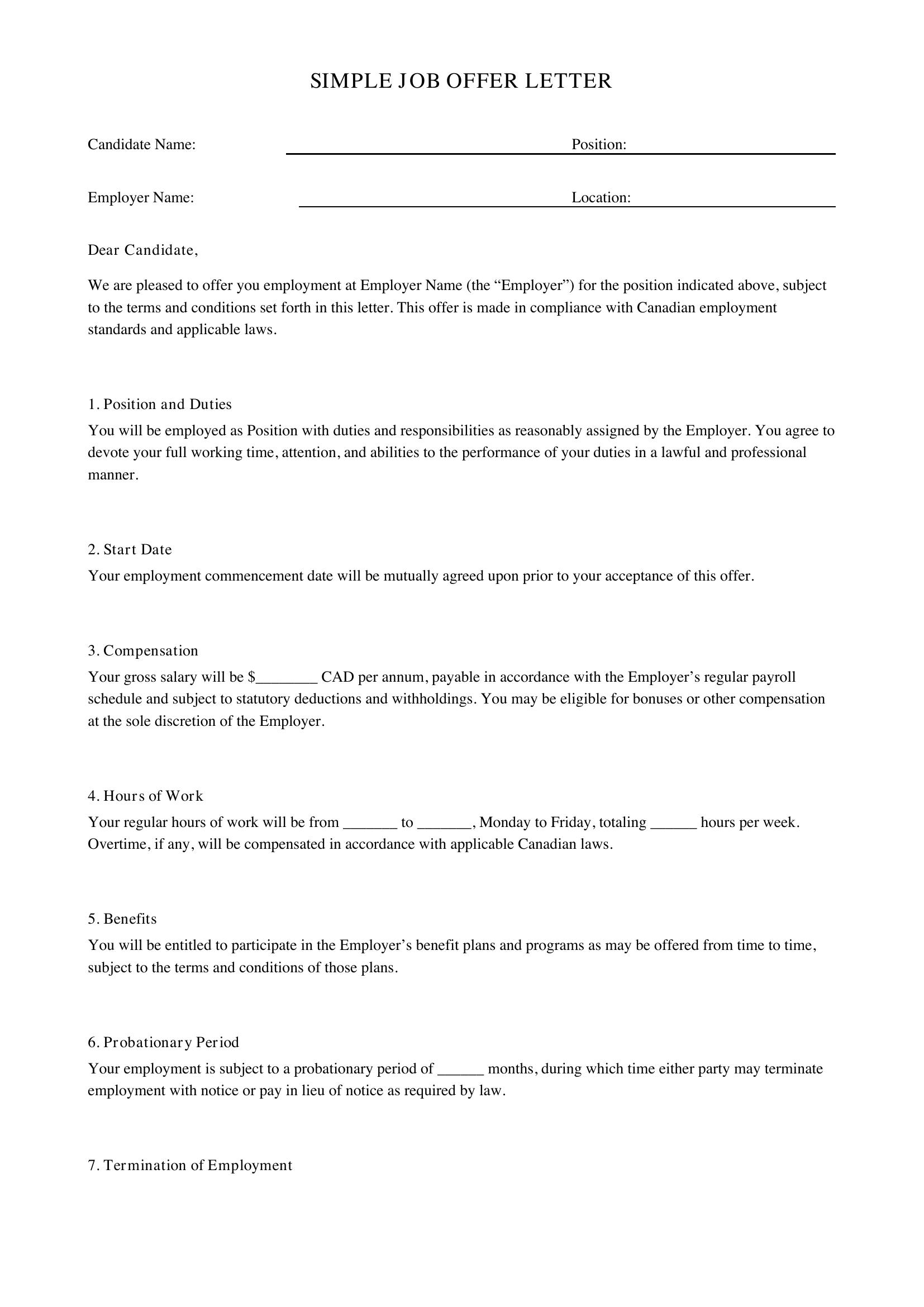 Simple Job Offer Letter Template - Canada