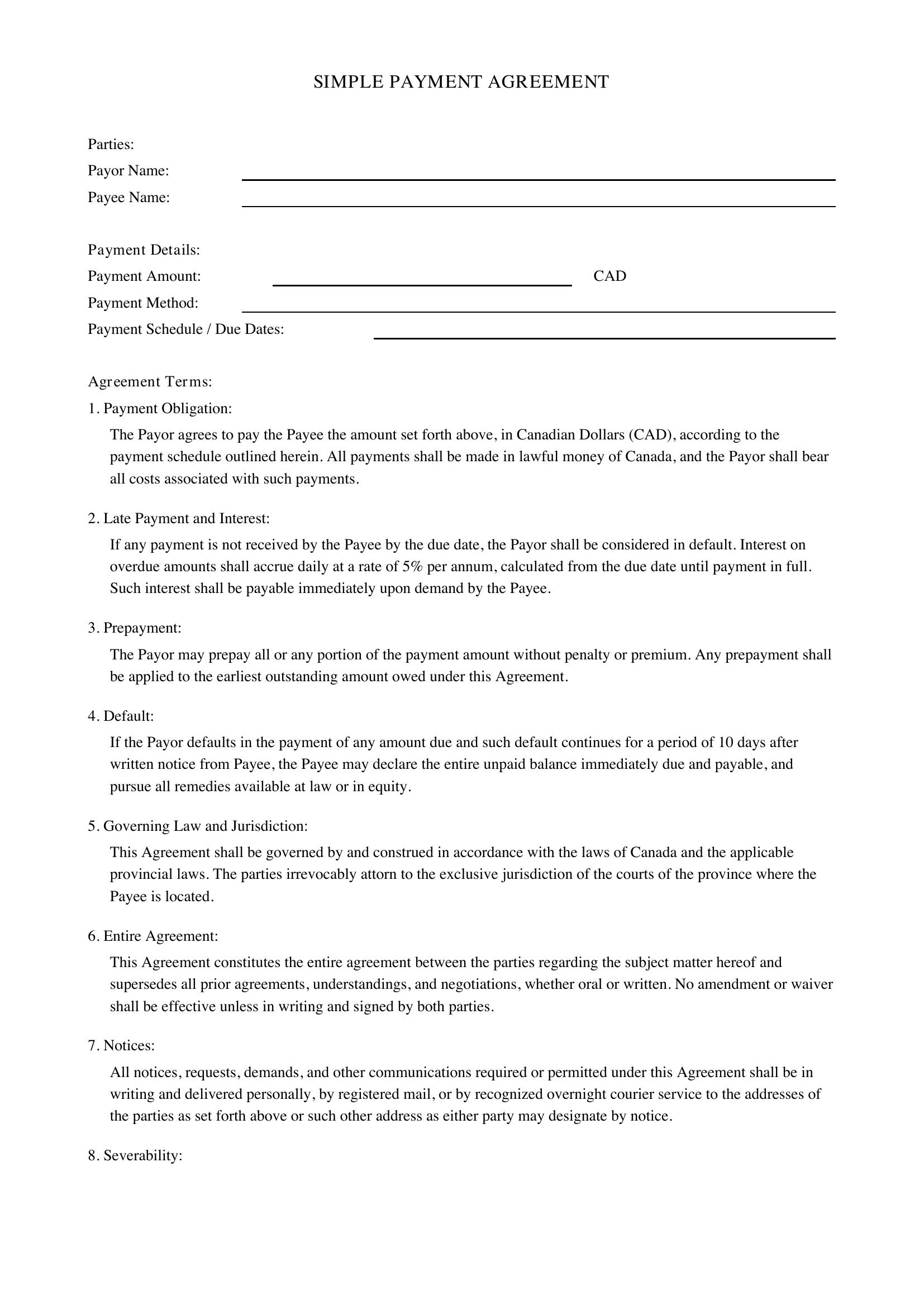 Simple Payment Agreement Template - Canada