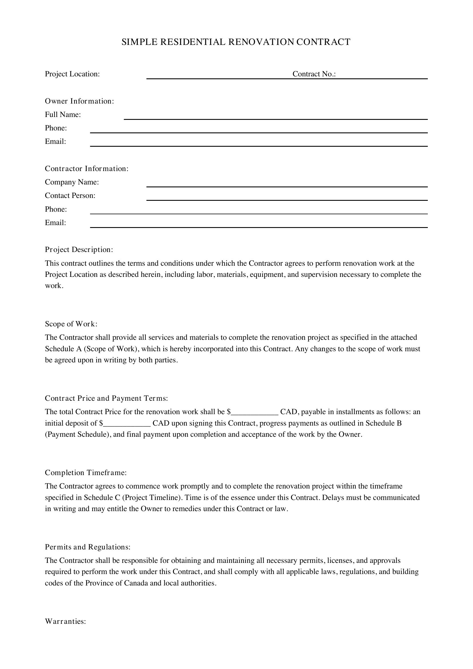 Simple Renovation Contract Template - Canada