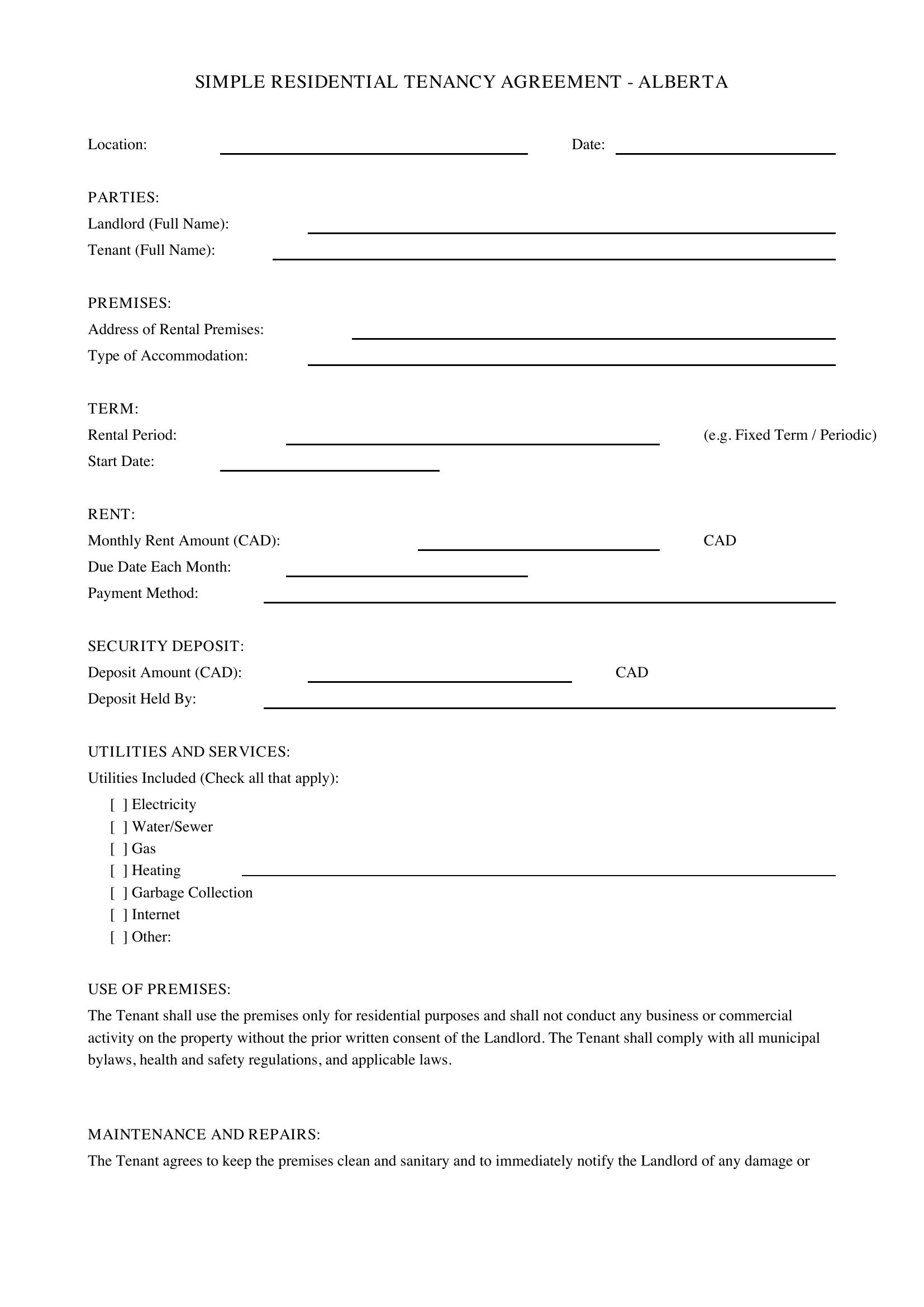 Simple Rental Agreement Alberta Template - Canada