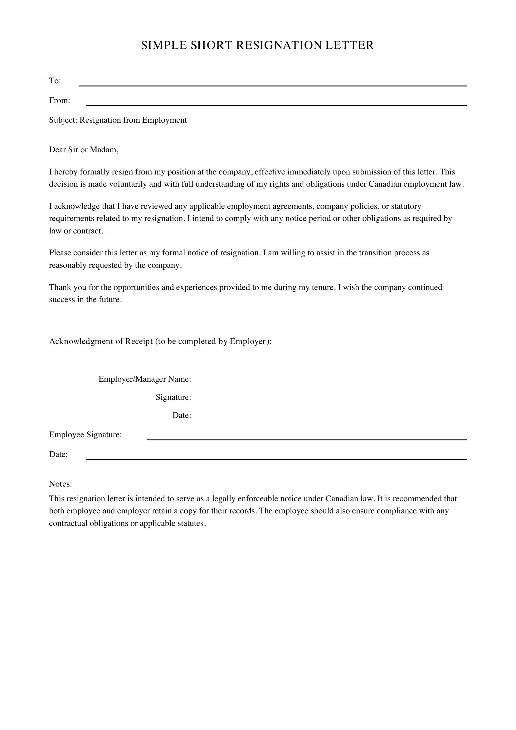 Simple Short Resignation Letter Template - Canada