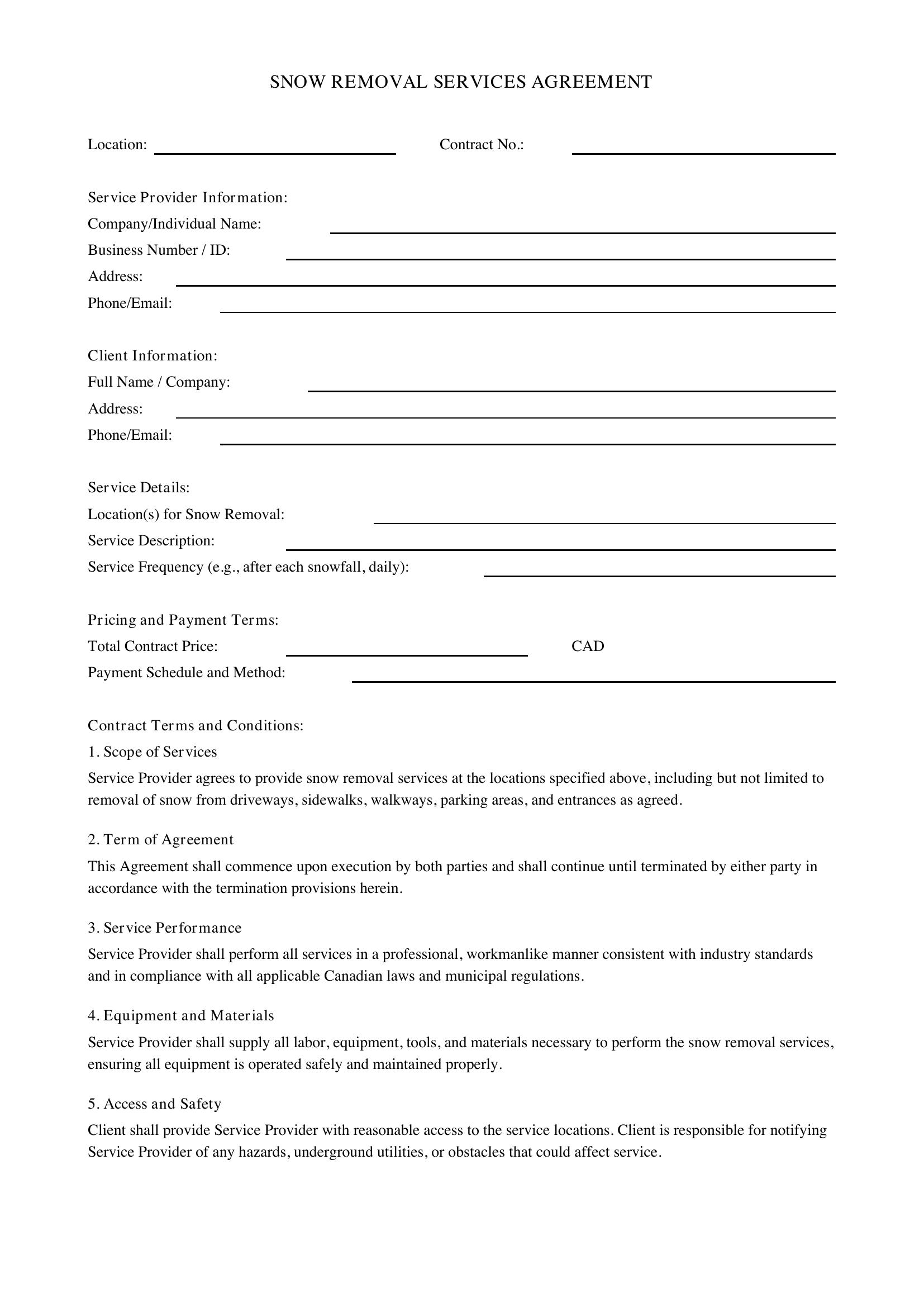 Snow Removal Contract Template - Canada