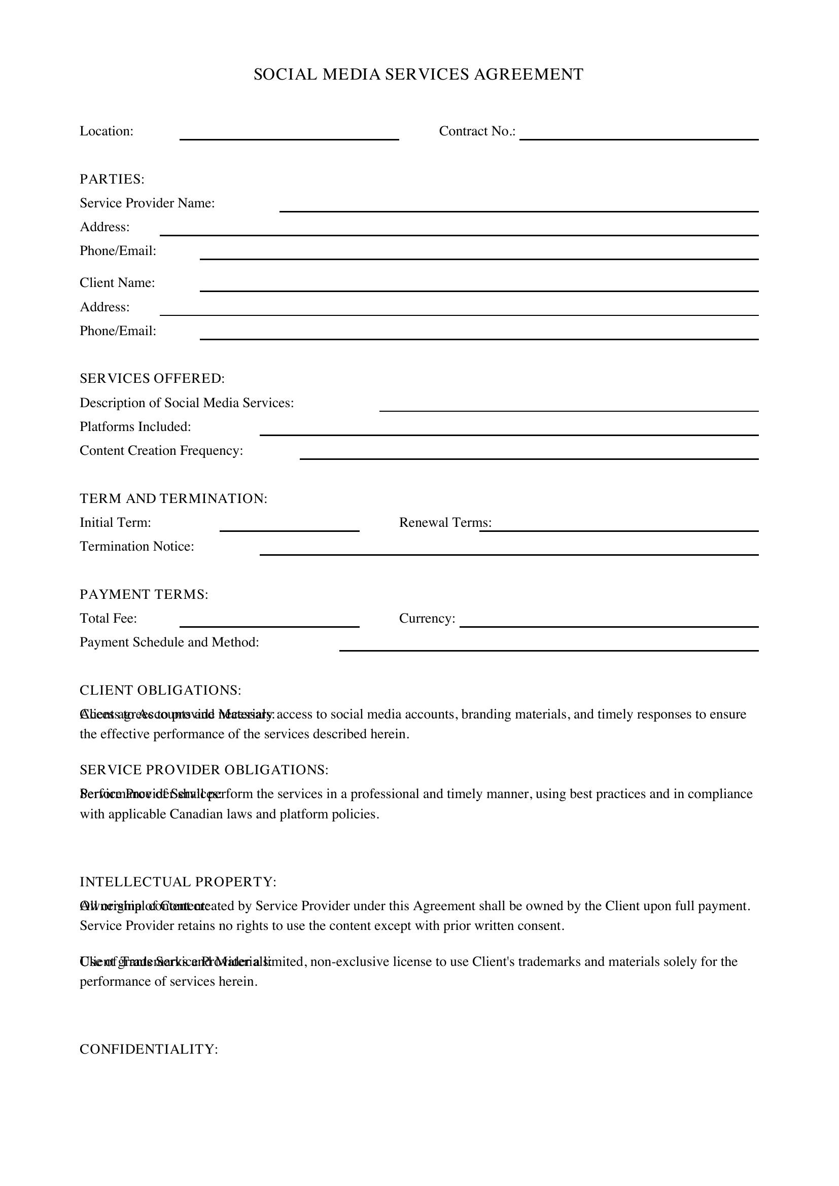 Social Media Contract Template - Canada