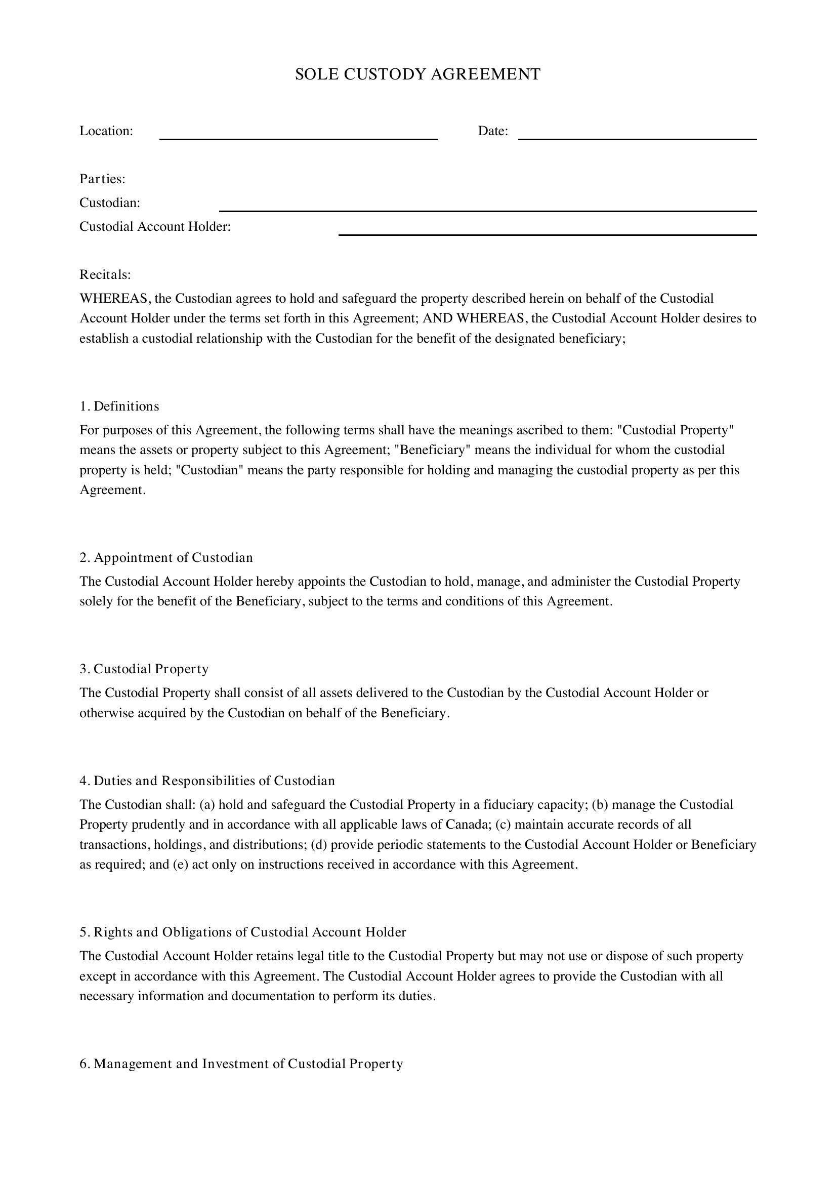 Sole Custody Agreement Template - Canada