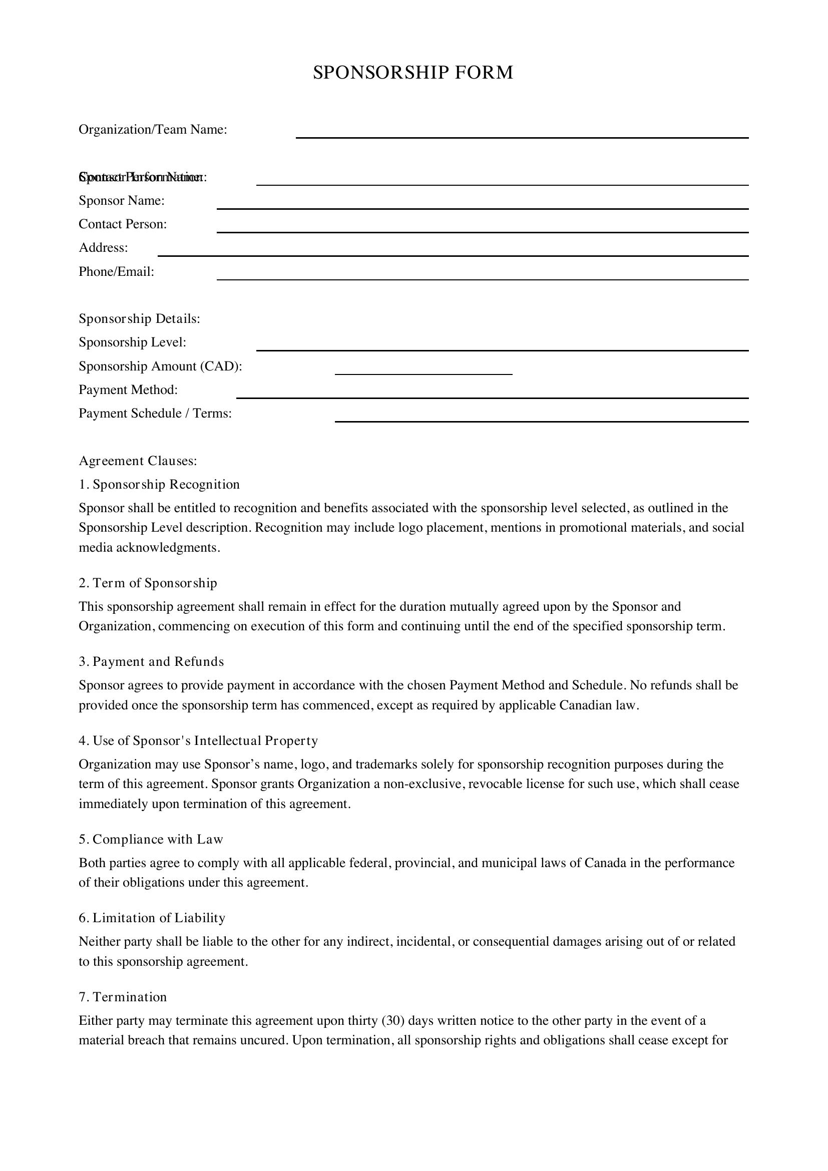 Sponsorship Form Template - Canada