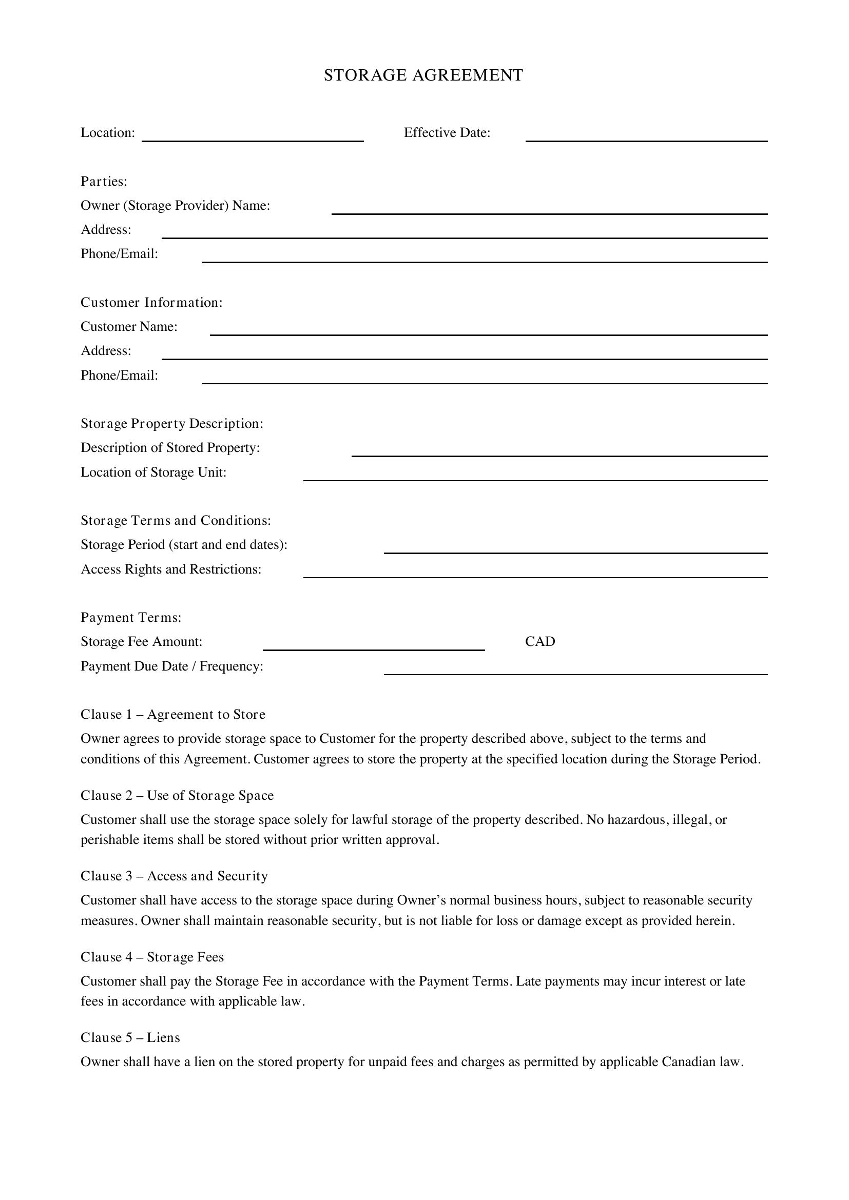 Storage Agreement Template - Canada